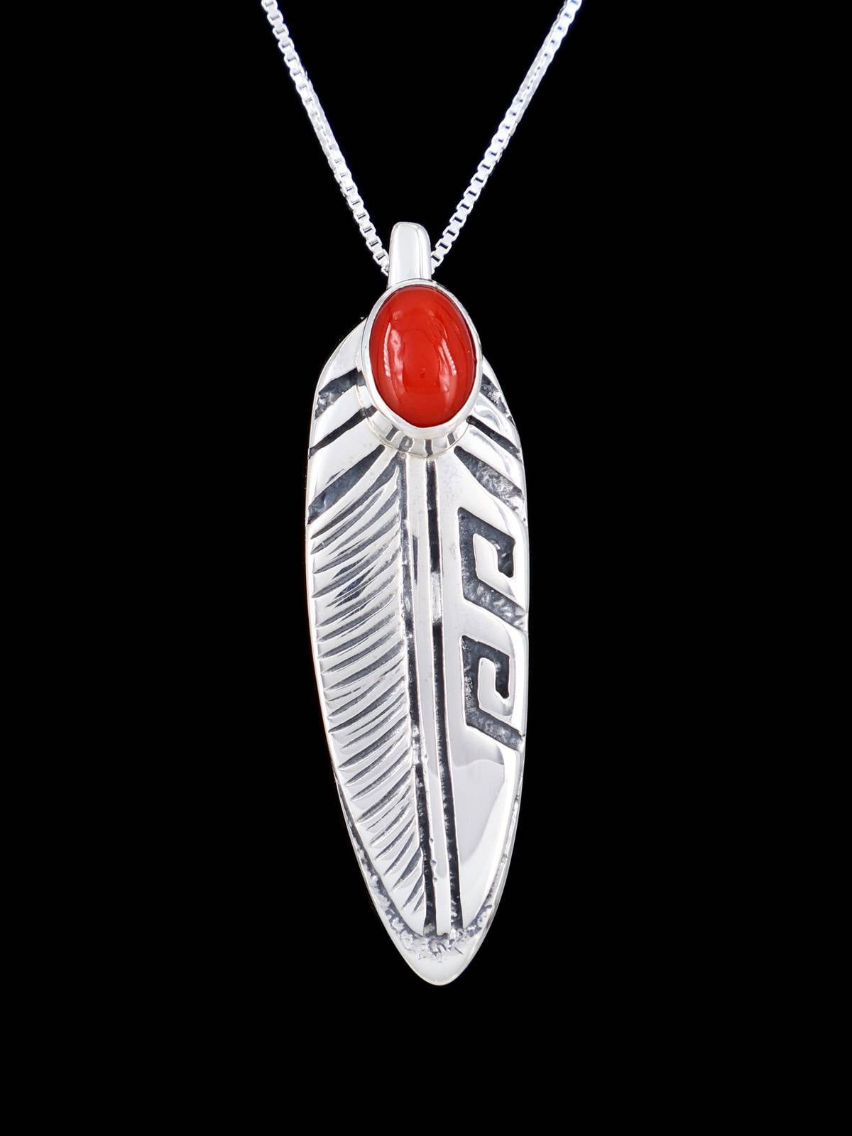 Navajo Sterling Silver Coral Feather Pendant - PuebloDirect.com