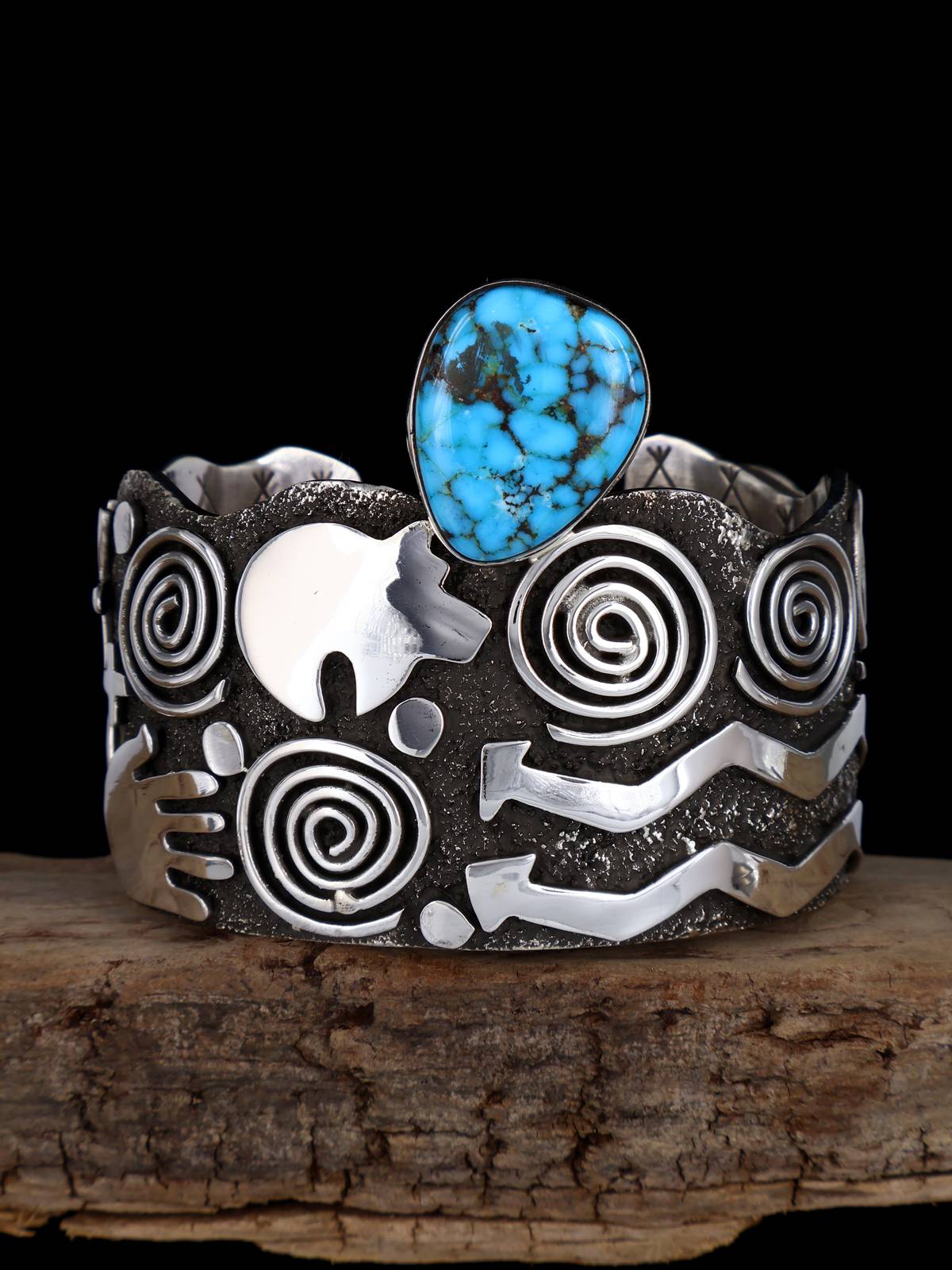 Navajo Sterling Silver Kingman Turquoise Petroglyph Cuff Bracelet - PuebloDirect.com