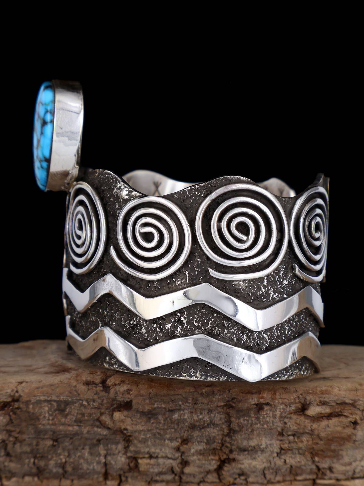 Navajo Sterling Silver Kingman Turquoise Petroglyph Cuff Bracelet - PuebloDirect.com