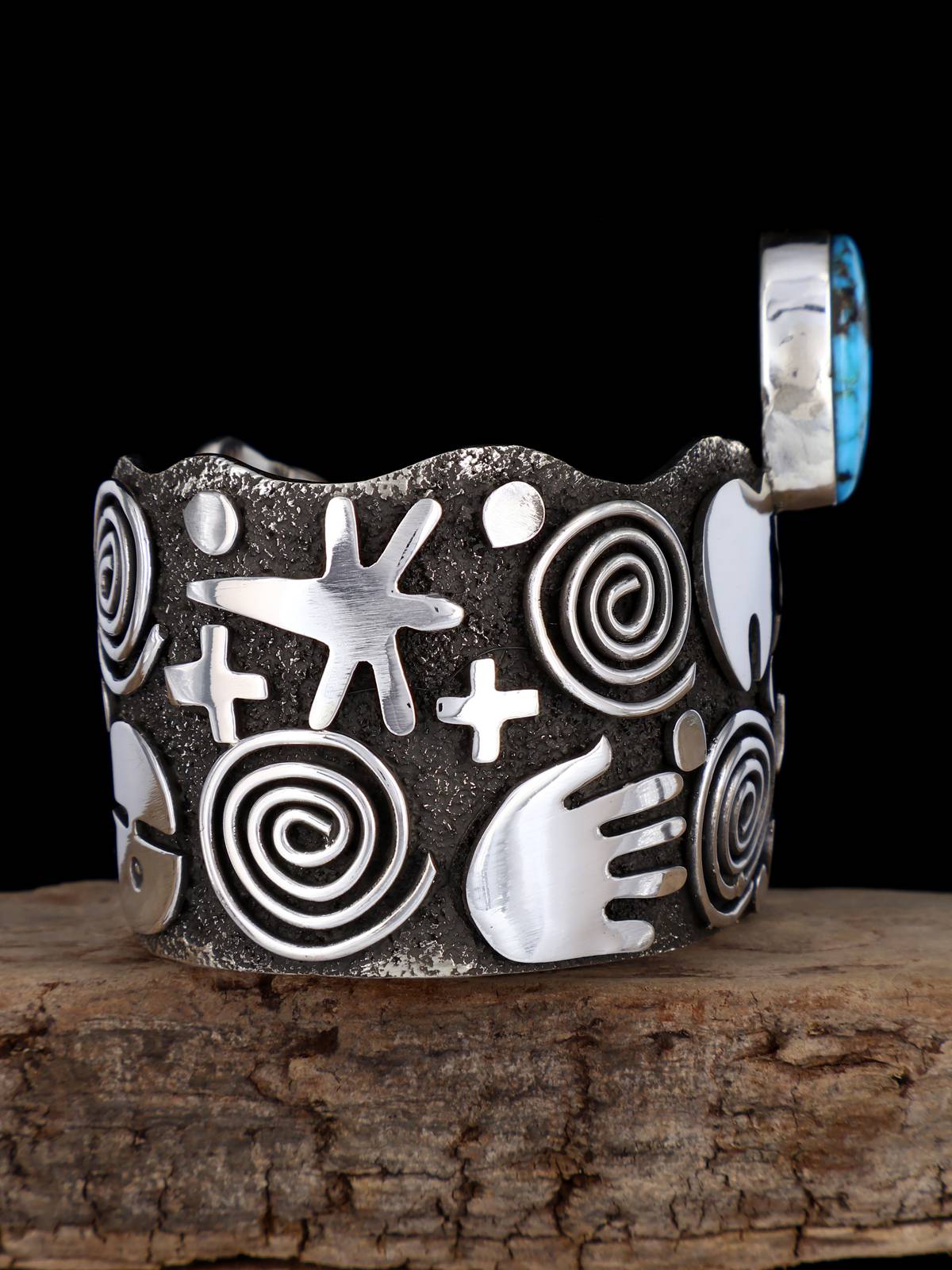 Navajo Sterling Silver Kingman Turquoise Petroglyph Cuff Bracelet - PuebloDirect.com