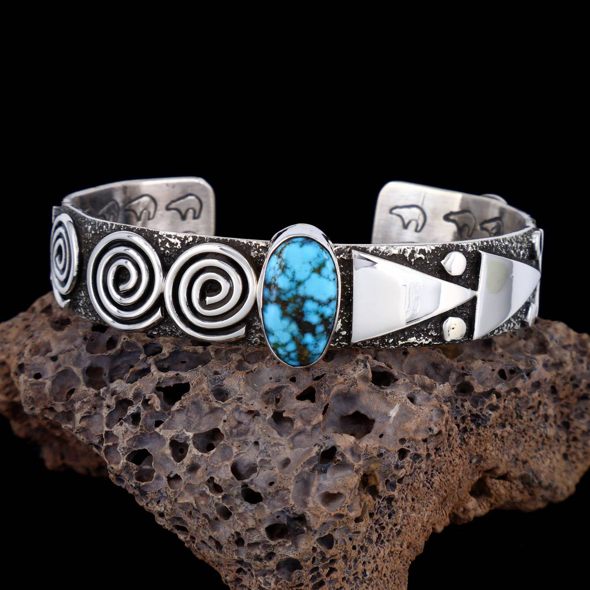 Navajo Sterling Silver Kingman Turquoise Petroglyph Cuff Bracelet ...