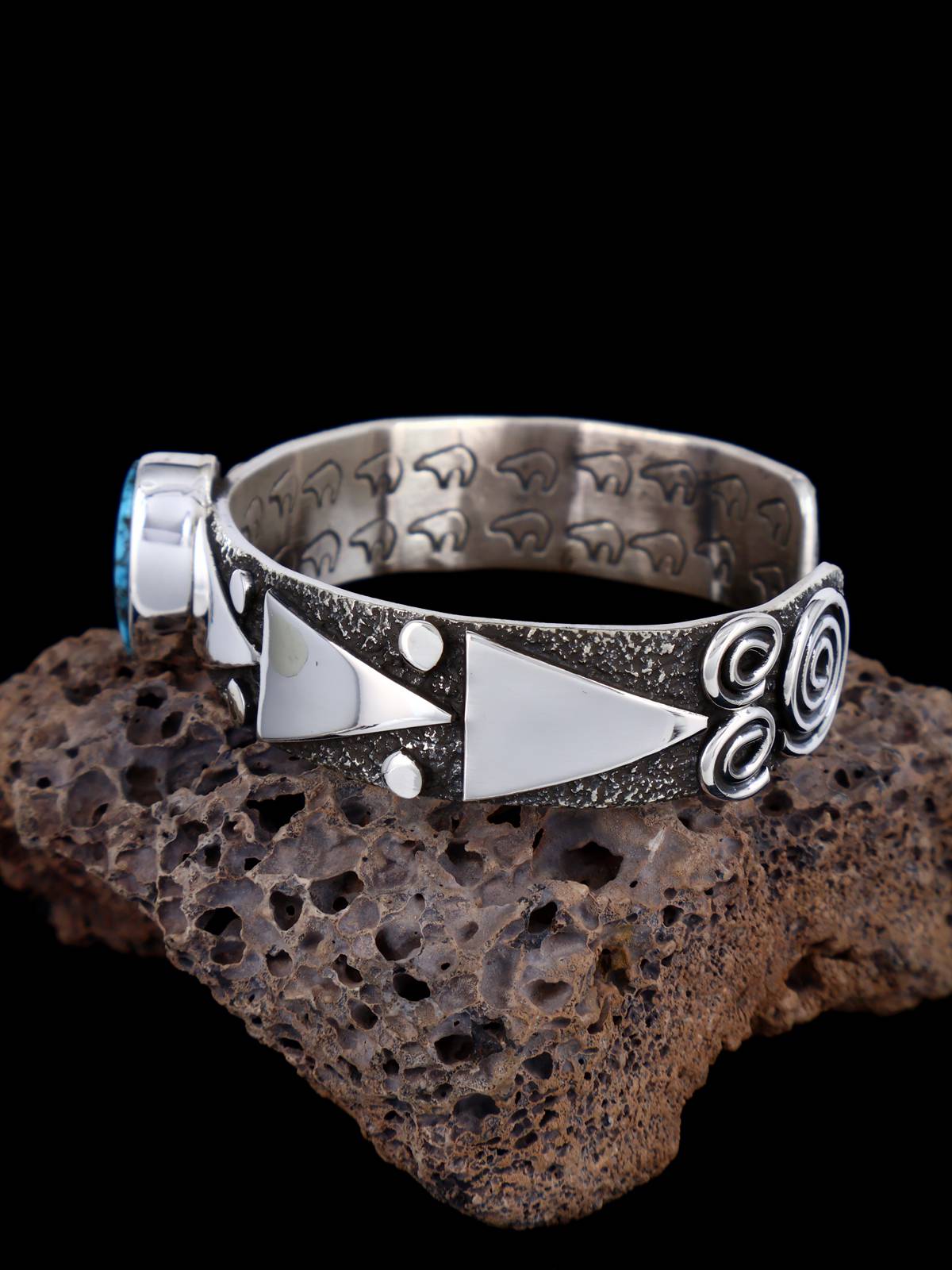 Navajo Sterling Silver Kingman Turquoise Petroglyph Cuff Bracelet - PuebloDirect.com