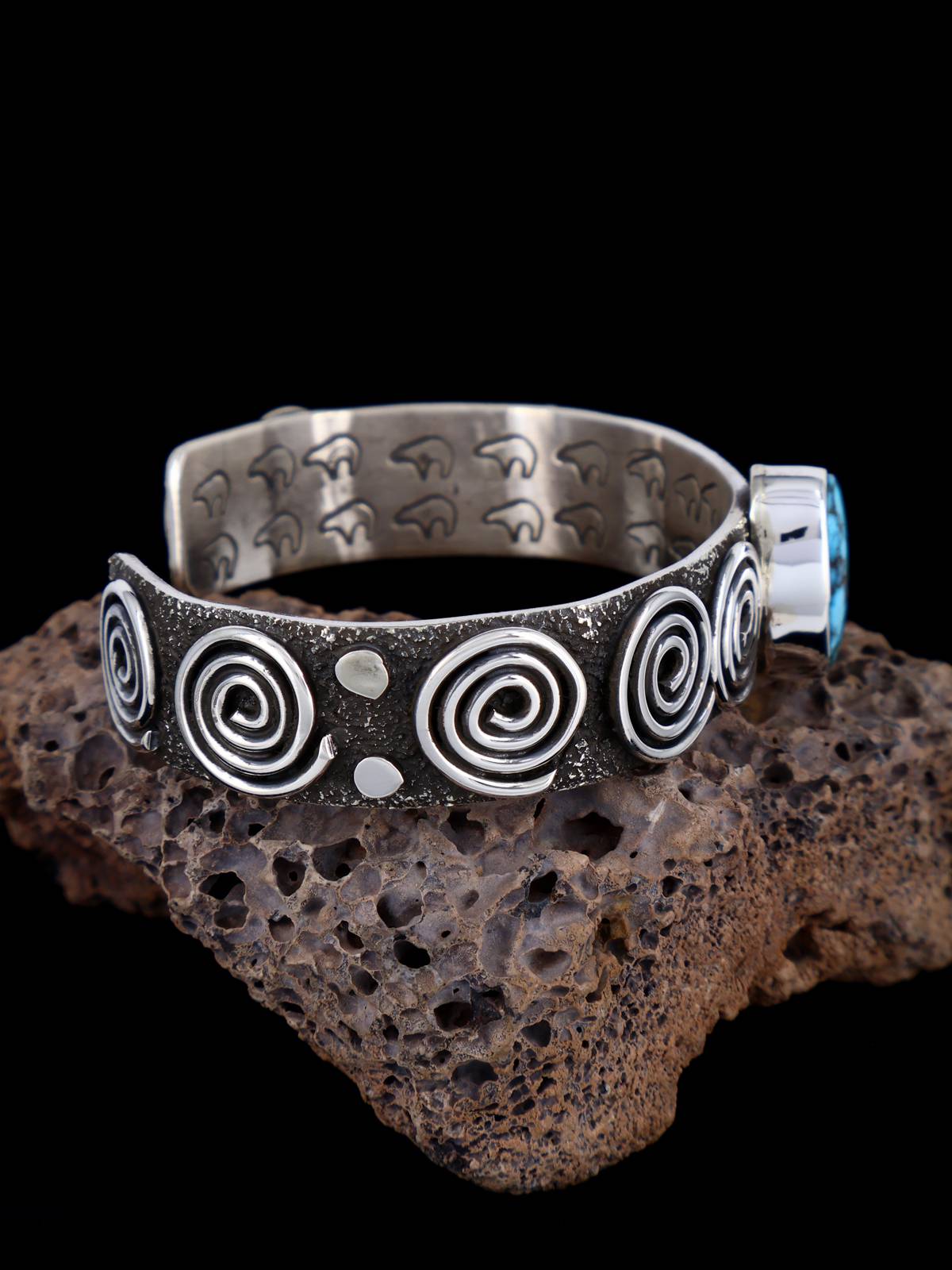 Navajo Sterling Silver Kingman Turquoise Petroglyph Cuff Bracelet - PuebloDirect.com