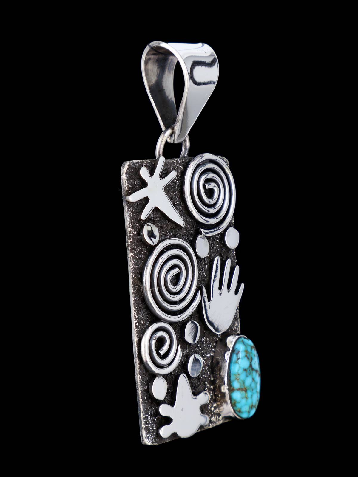 Navajo Sterling Silver Kingman Turquoise Petroglyph Pendant - PuebloDirect.com