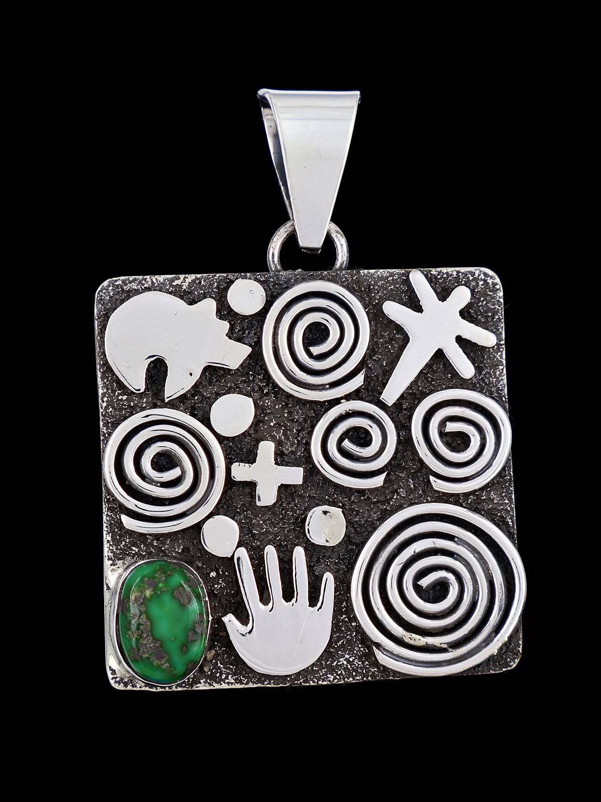 Navajo Sterling Silver Sonoran Gold Turquoise Petroglyph Pendant - PuebloDirect.com