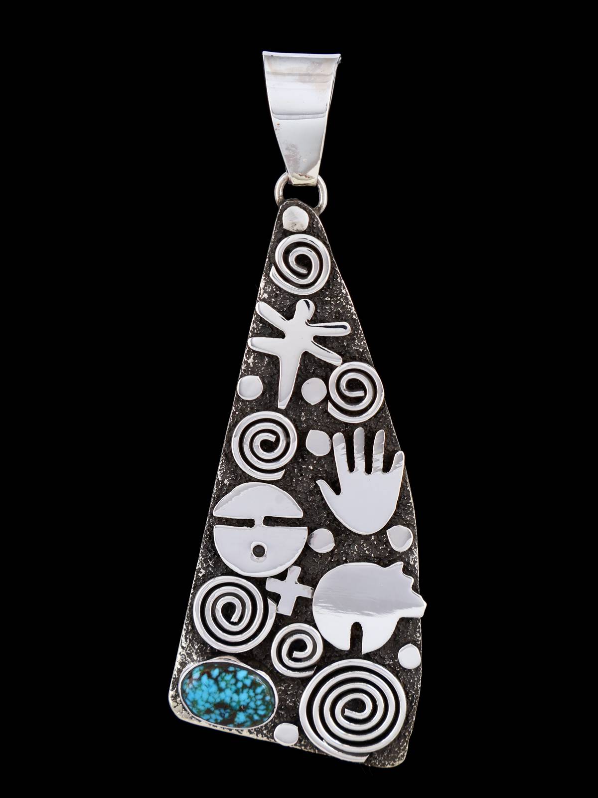 Navajo Sterling Silver Kingman Turquoise Petroglyph Pendant - PuebloDirect.com