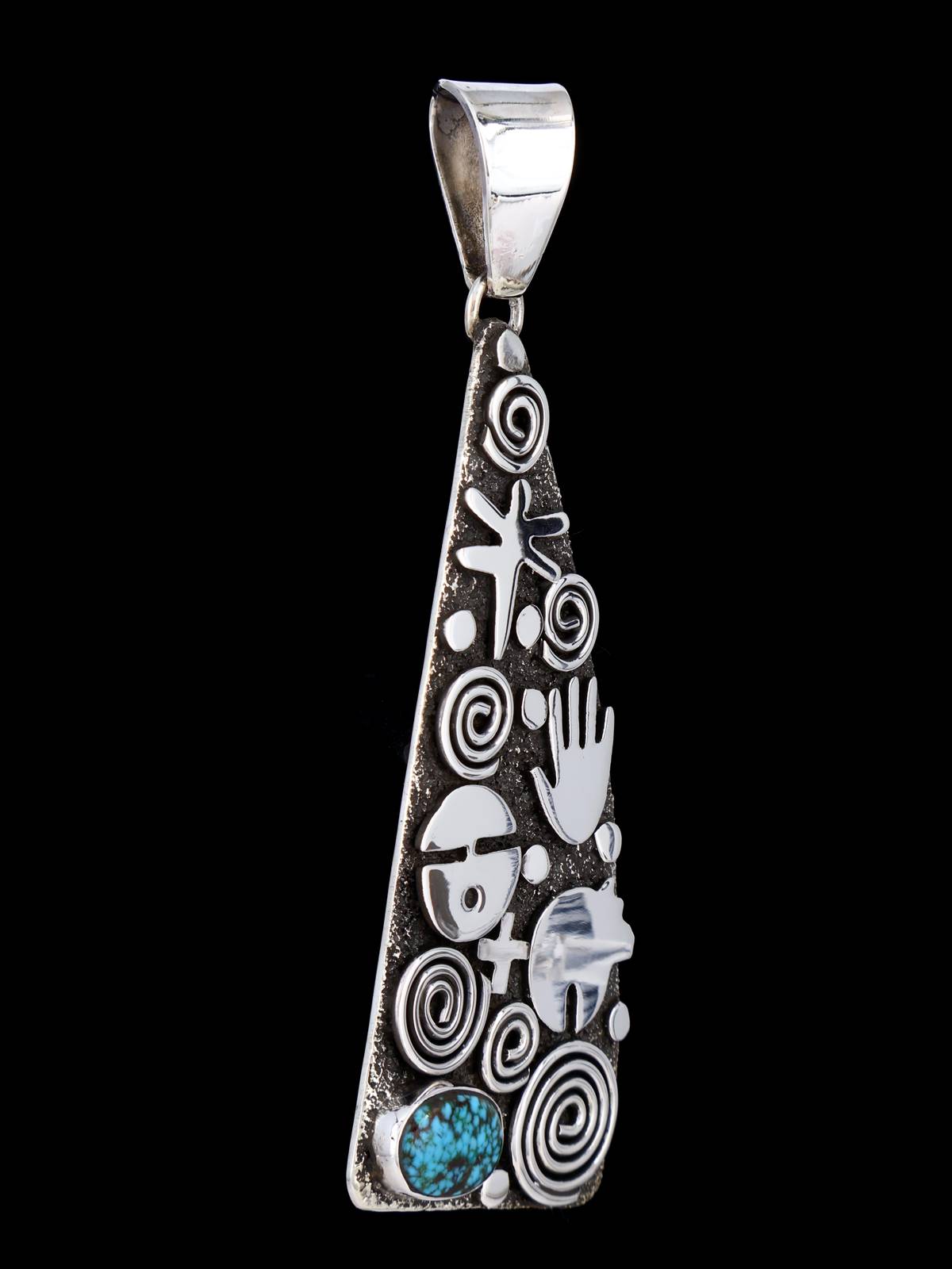 Navajo Sterling Silver Kingman Turquoise Petroglyph Pendant - PuebloDirect.com