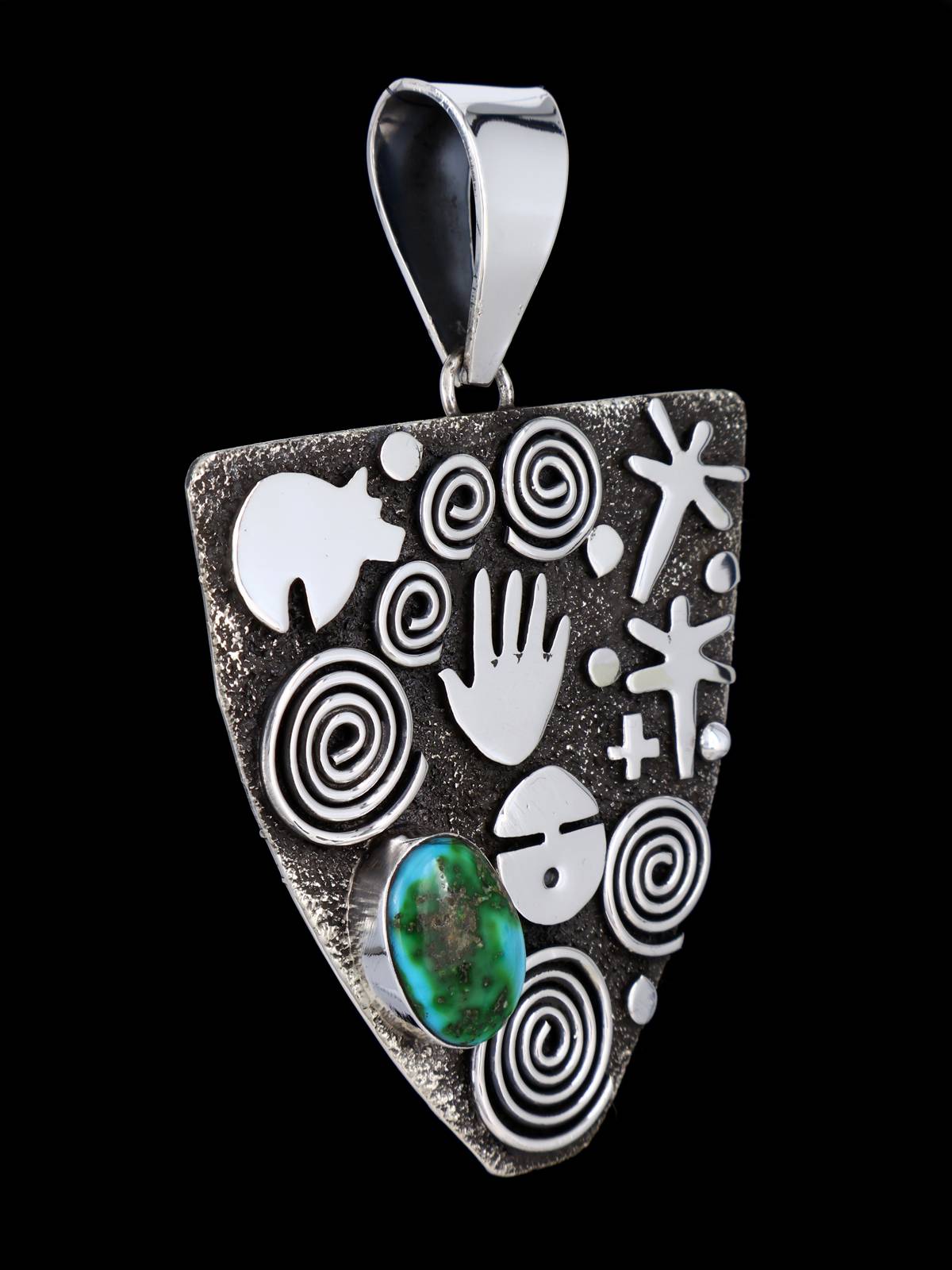 Navajo Sterling Silver Sonoran Gold Turquoise Petroglyph Pendant - PuebloDirect.com