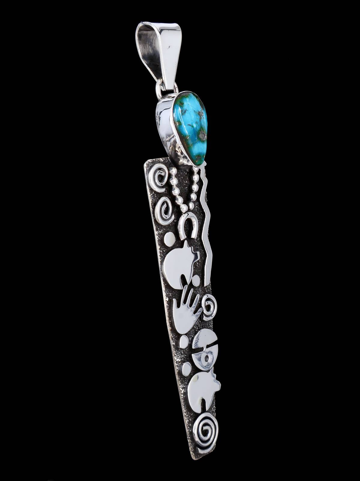 Navajo Sterling Silver Sonoran Gold Turquoise Petroglyph Pendant - PuebloDirect.com