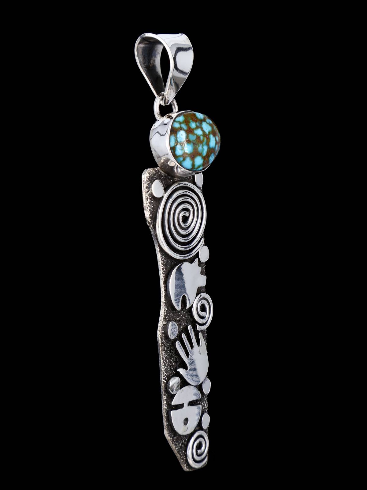 Navajo Sterling Silver Kingman Turquoise Petroglyph Pendant - PuebloDirect.com