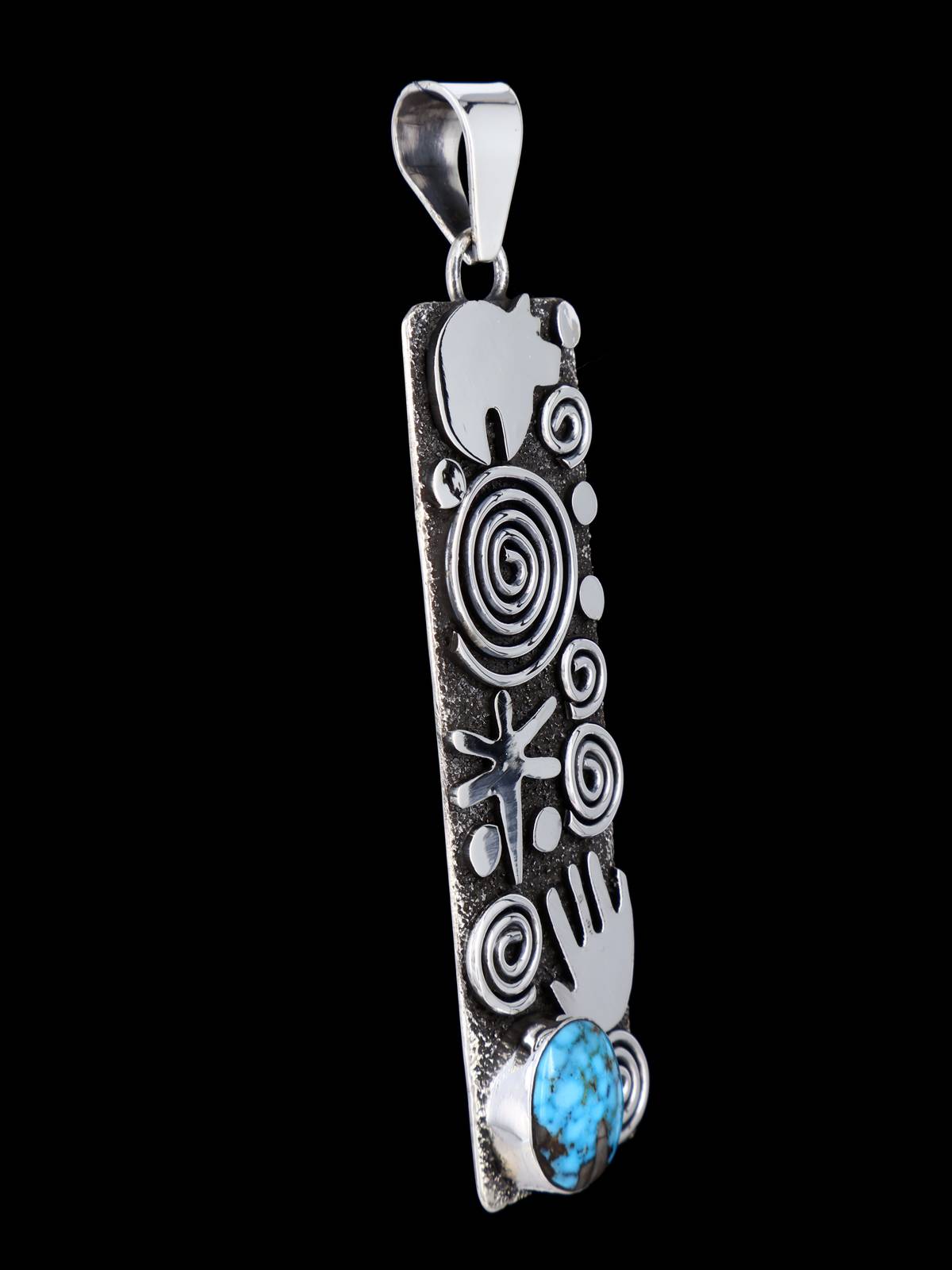 Navajo Sterling Silver Kingman Turquoise Petroglyph Pendant - PuebloDirect.com