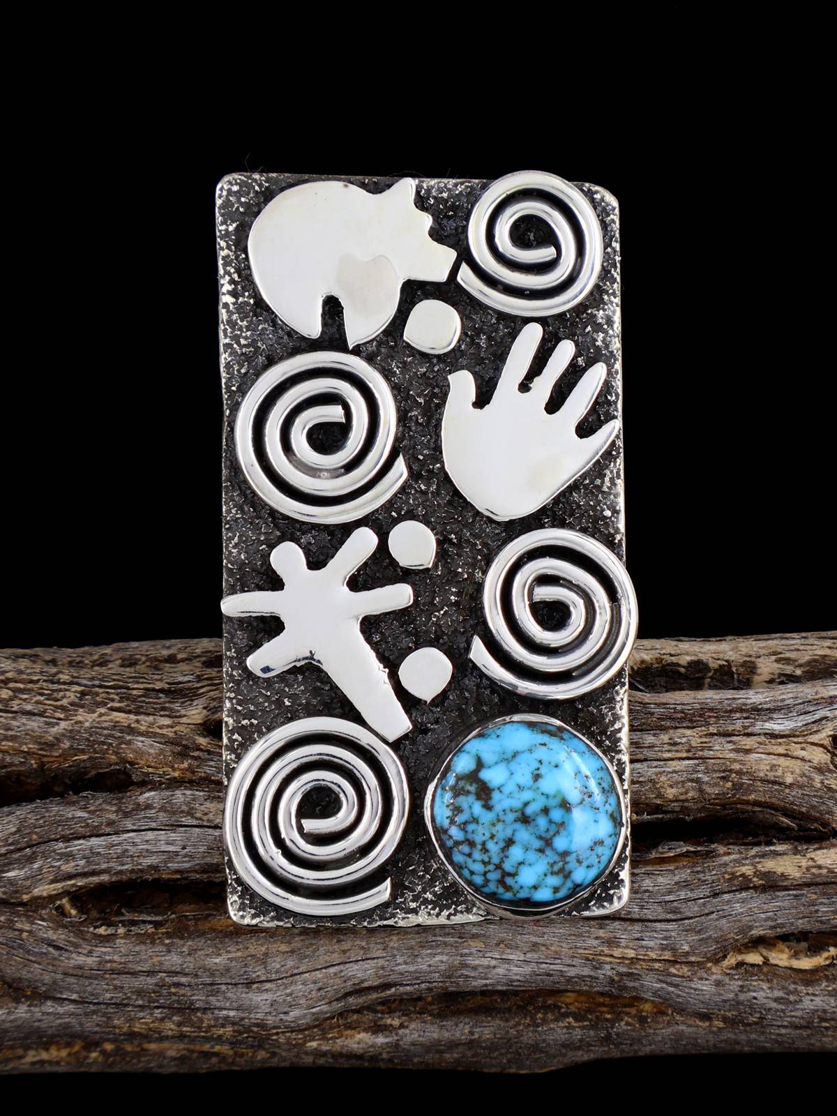 Navajo Kingman Turquoise Petroglyph Ring, Size 8 1/2 - PuebloDirect.com