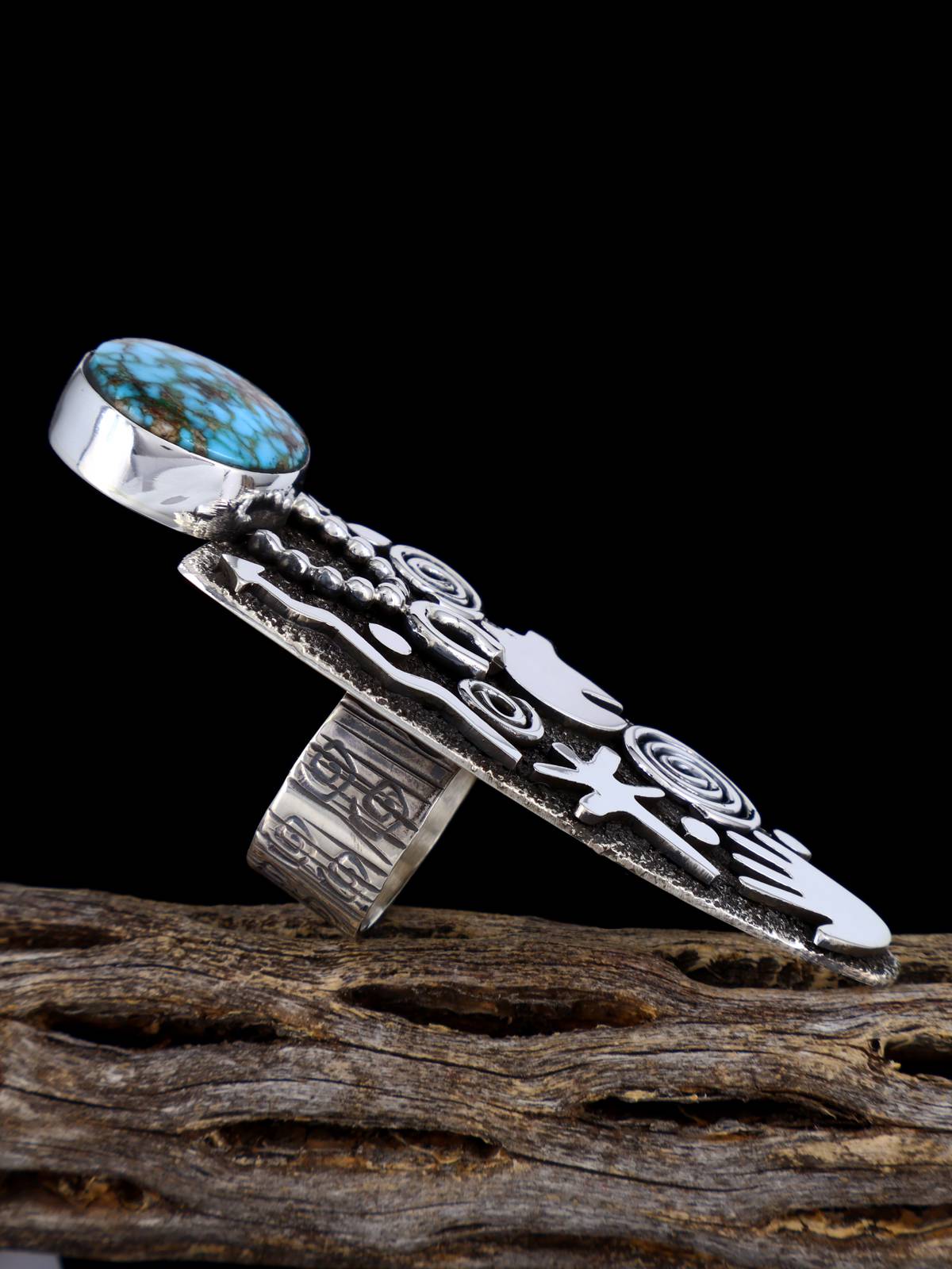 Navajo Kingman Turquoise Petroglyph Ring, Size 7 1/2 - PuebloDirect.com