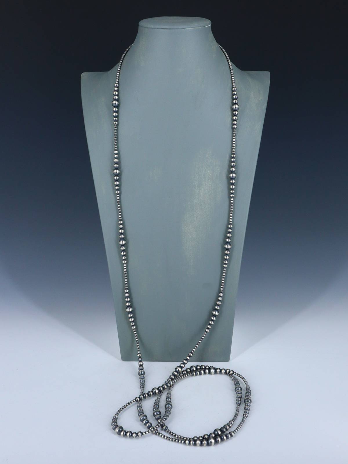 72" Navajo Jewelry Single Strand Sterling Silver Beaded Wrap Necklace - PuebloDirect.com