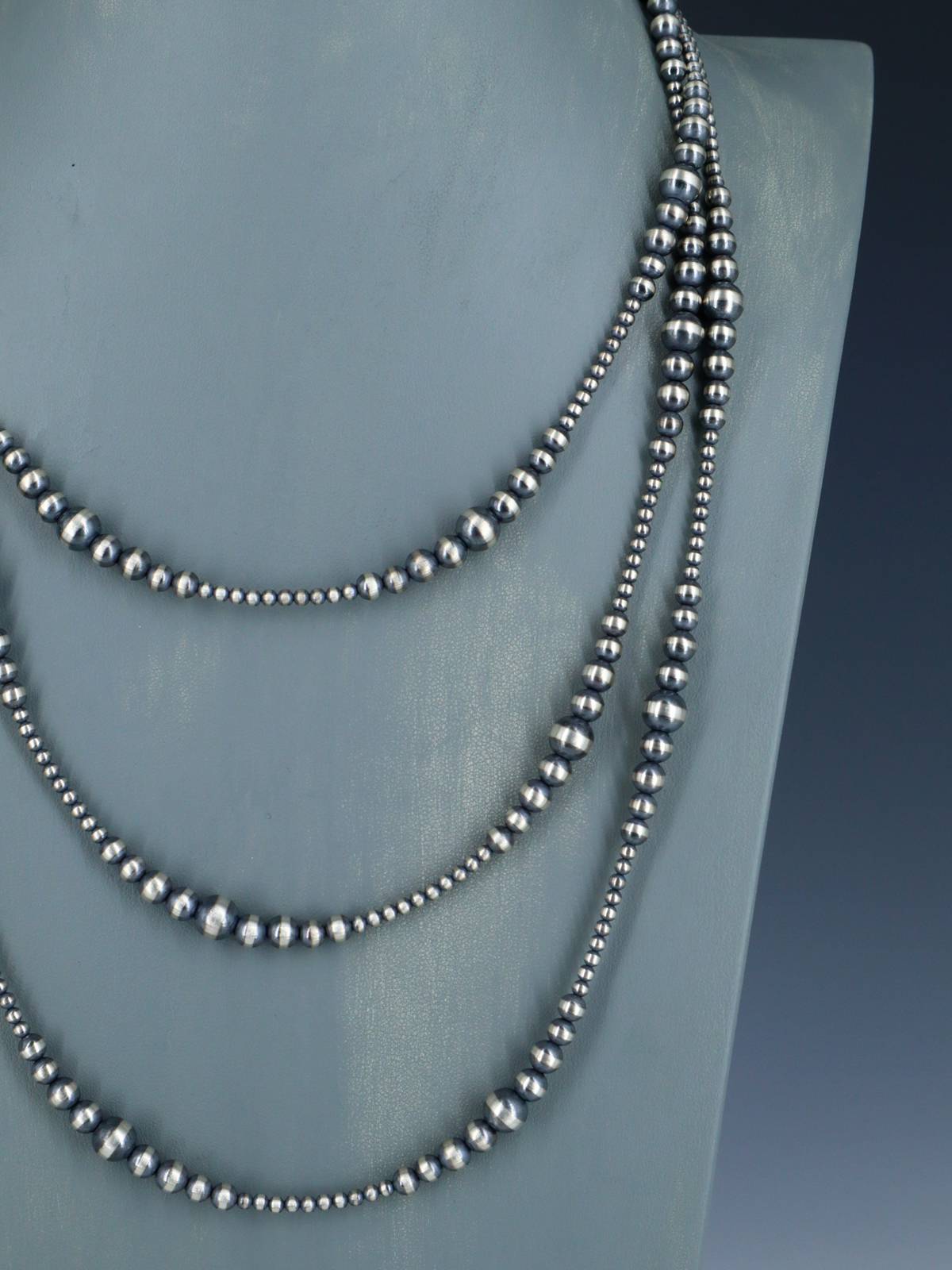 72" Navajo Jewelry Single Strand Sterling Silver Beaded Wrap Necklace - PuebloDirect.com