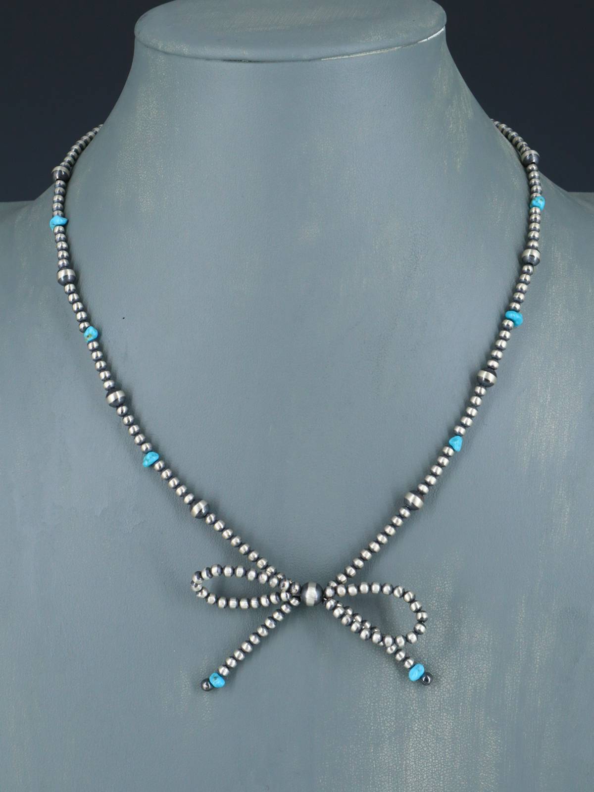 18" Navajo Jewelry Single Strand Sterling Silver and Turquoise Bow Beaded Necklace - PuebloDirect.com