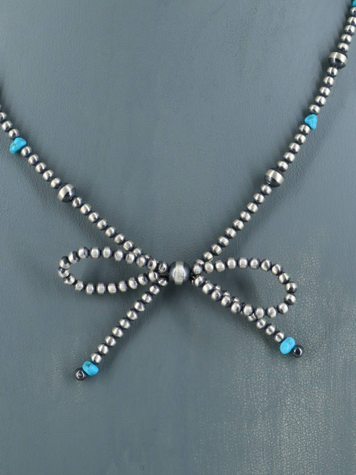 18" Navajo Jewelry Single Strand Sterling Silver and Turquoise Bow Beaded Necklace - PuebloDirect.com