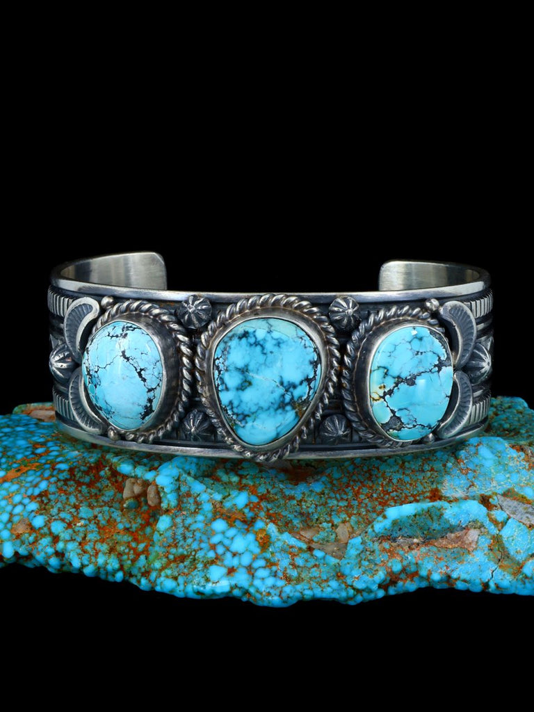Native American Natural Blue Moon Turquoise Stamped Cuff Bracelet - PuebloDirect.com