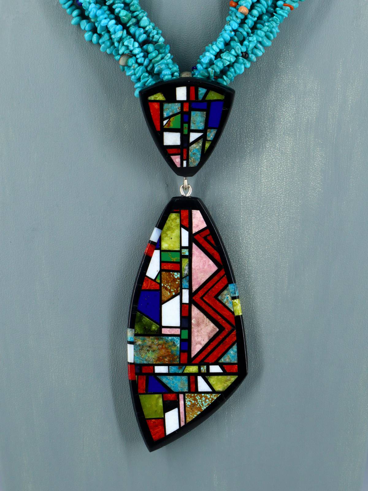 Native American Santo Domingo Mosaic Inlay Turquoise Necklace - PuebloDirect.com