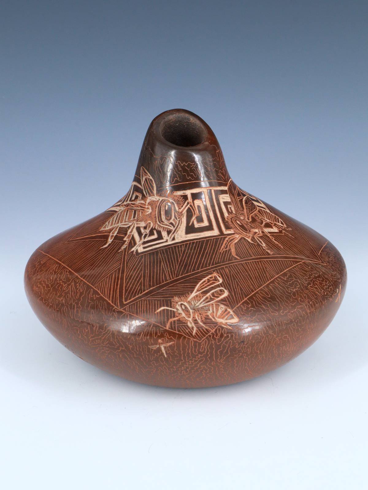 Santa Clara Etched Hornet Hand Coiled Pottery Vase - PuebloDirect.com