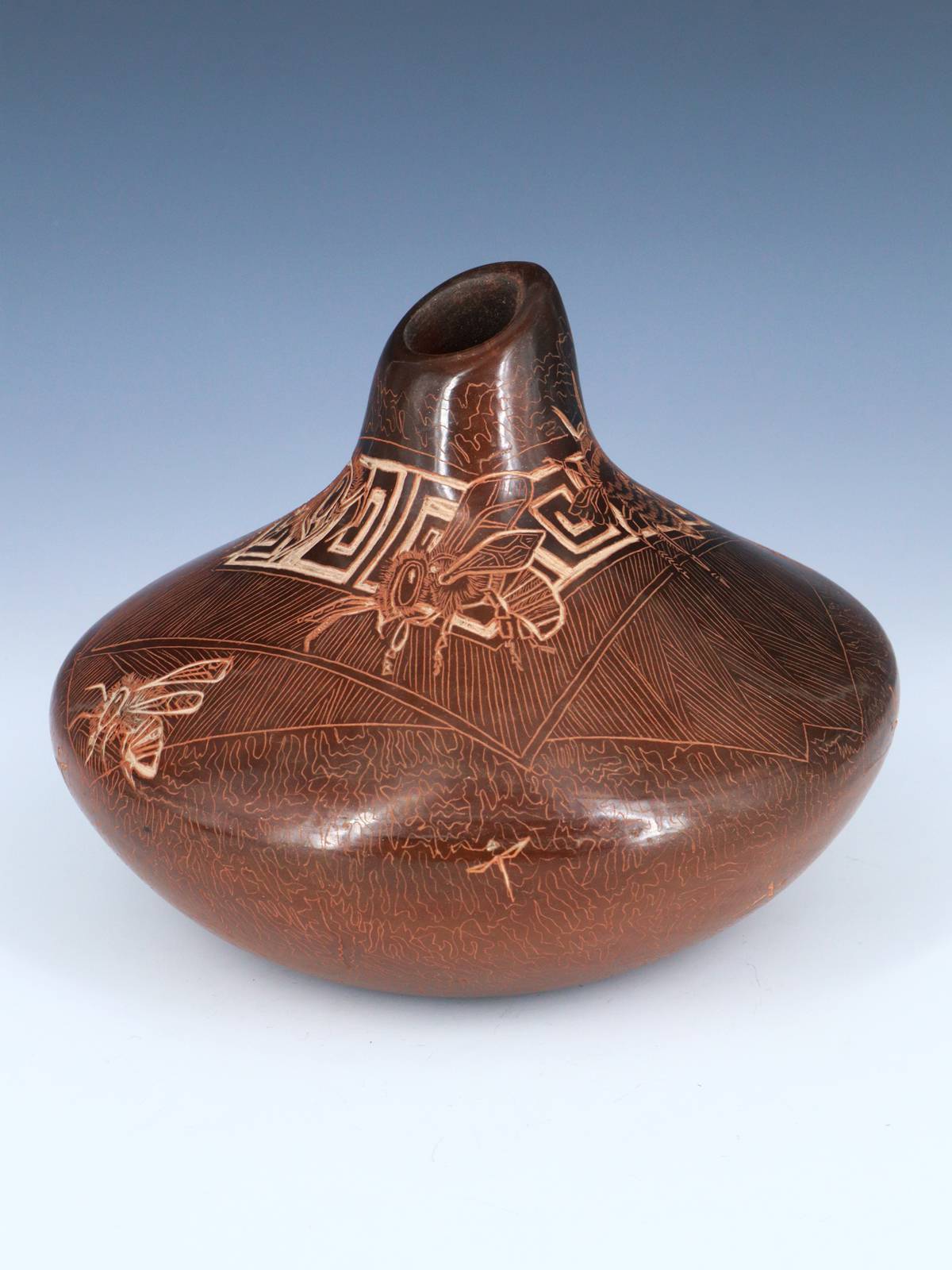 Santa Clara Etched Hornet Hand Coiled Pottery Vase - PuebloDirect.com