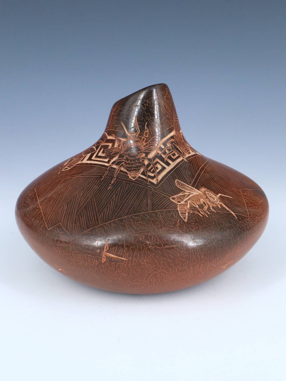 Santa Clara Etched Hornet Hand Coiled Pottery Vase - PuebloDirect.com