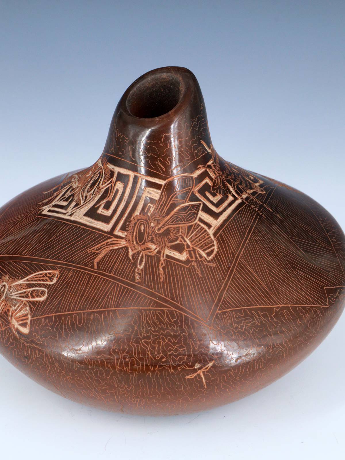 Santa Clara Etched Hornet Hand Coiled Pottery Vase - PuebloDirect.com