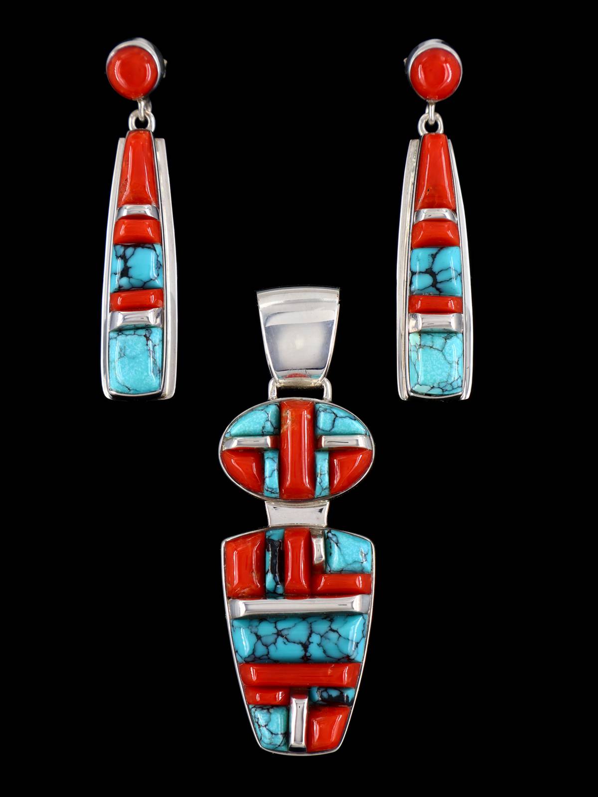 Turquoise and Coral Navajo Cobblestone Inlay Sterling Silver Pendant and Earrings Set - PuebloDirect.com