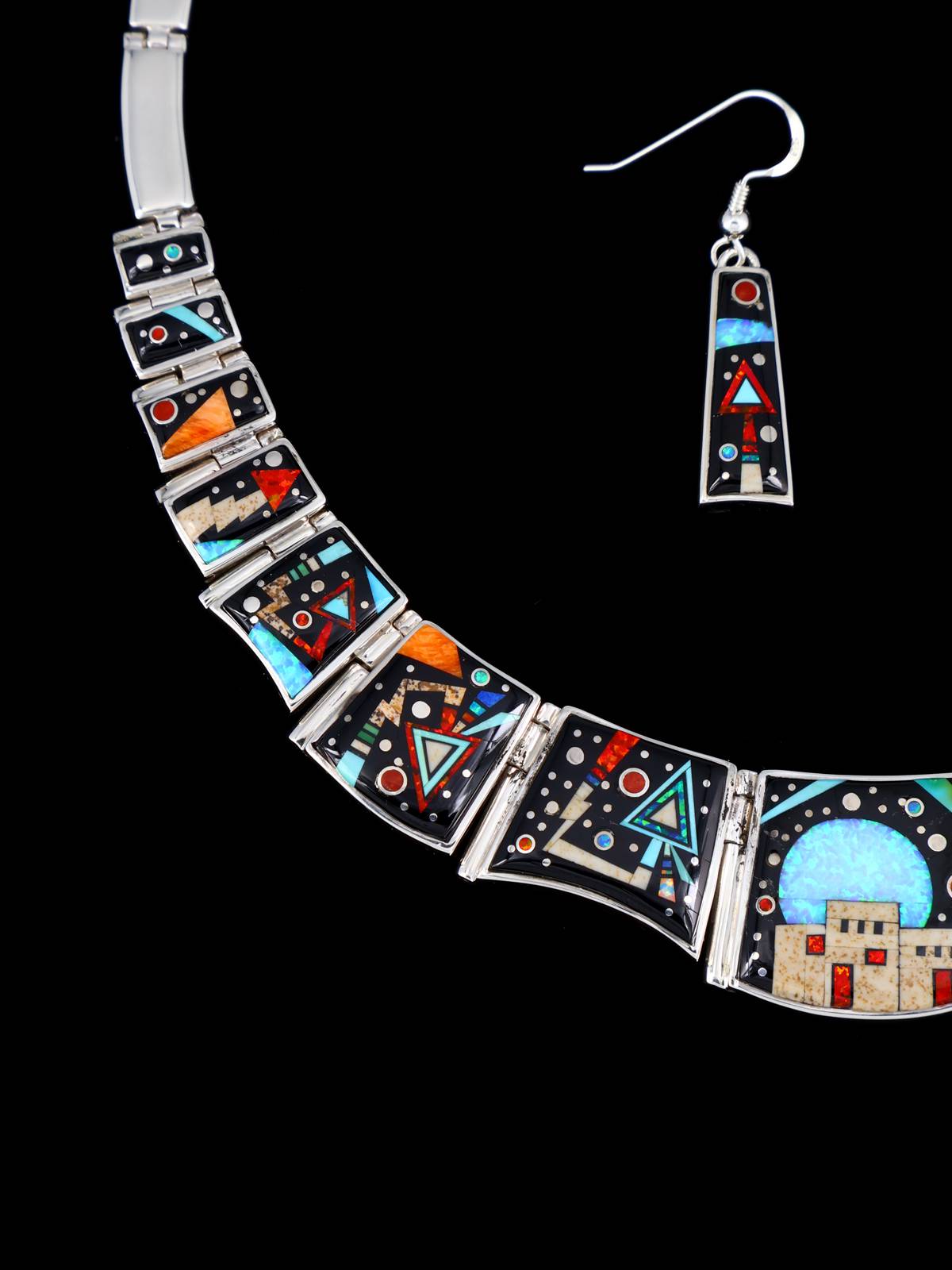 Juego de collar de eslabones de plata de ley con incrustaciones de cielo nocturno navajo