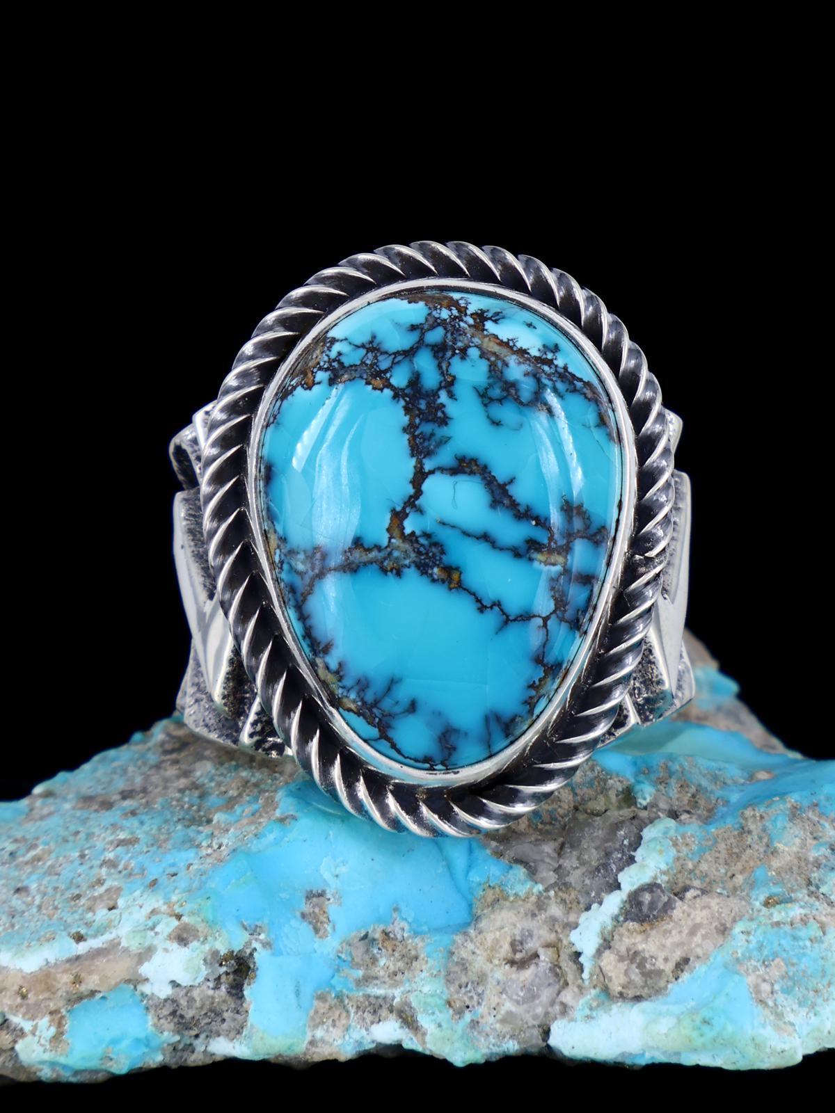 Navajo Tufa Cast Sterling Silver Labashan Turquoise Ring Size 10