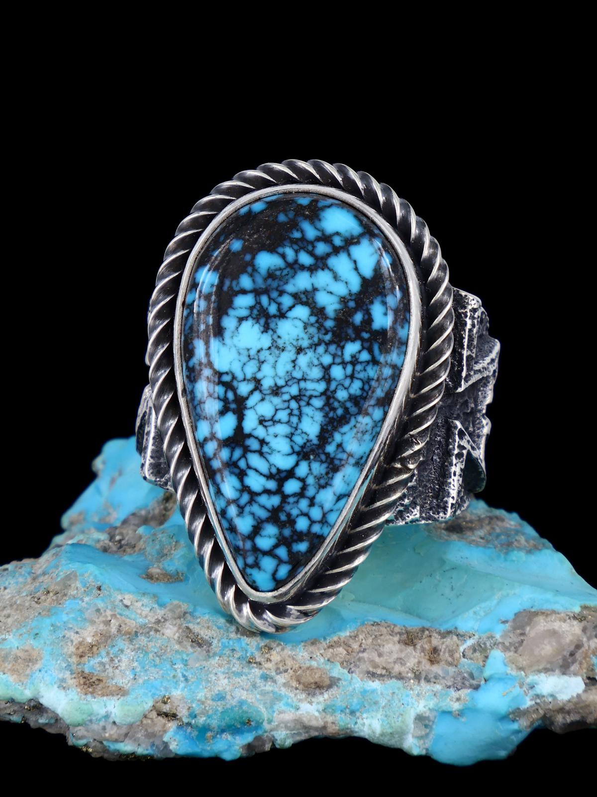 Navajo Tufa Cast Sterling Silver Cloud Mountain Turquoise Ring Size 10.5