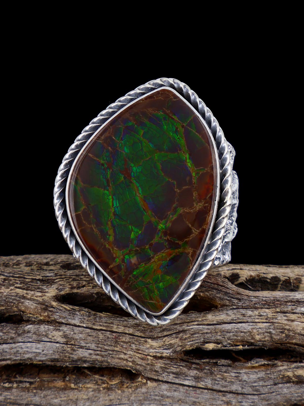 Navajo Tufa Cast Sterling Silver Ammolite Ring Size 9.5