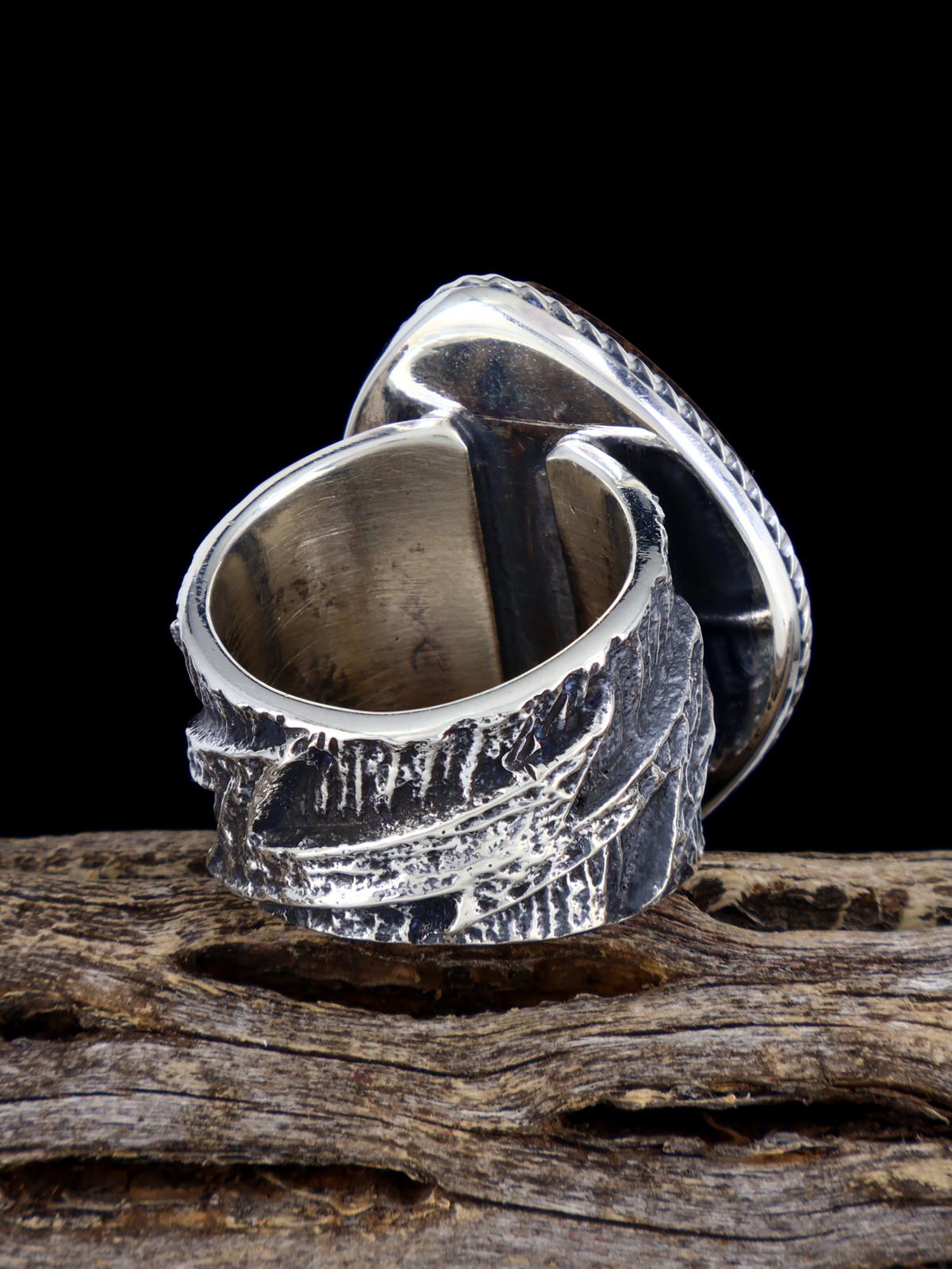 Navajo Tufa Cast Sterling Silver Ammolite Ring Size 9.5