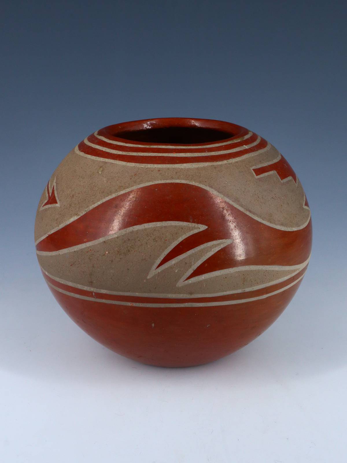 Vintage San Ildefonso Hand Coiled Avanyu Redware Pottery Jar - PuebloDirect.com