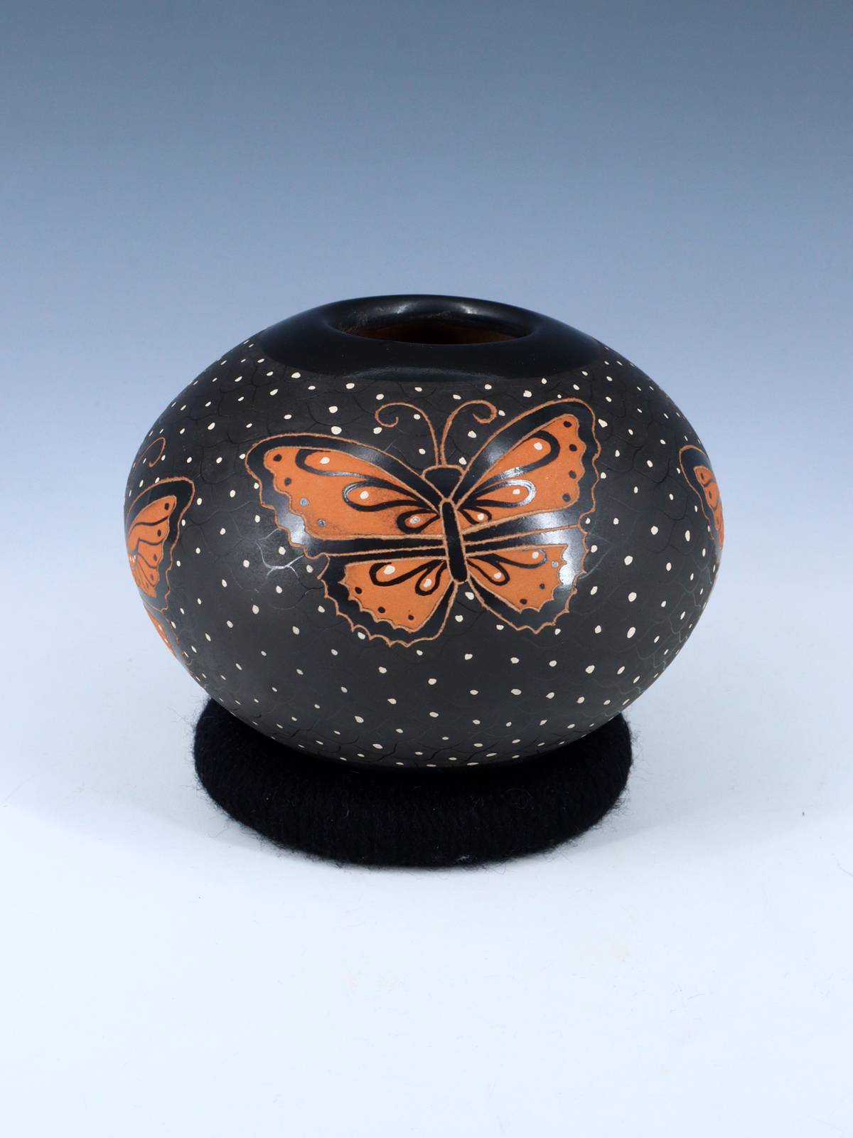 Mata Ortiz Painted and Etched Butterfly Pottery Seed Pot