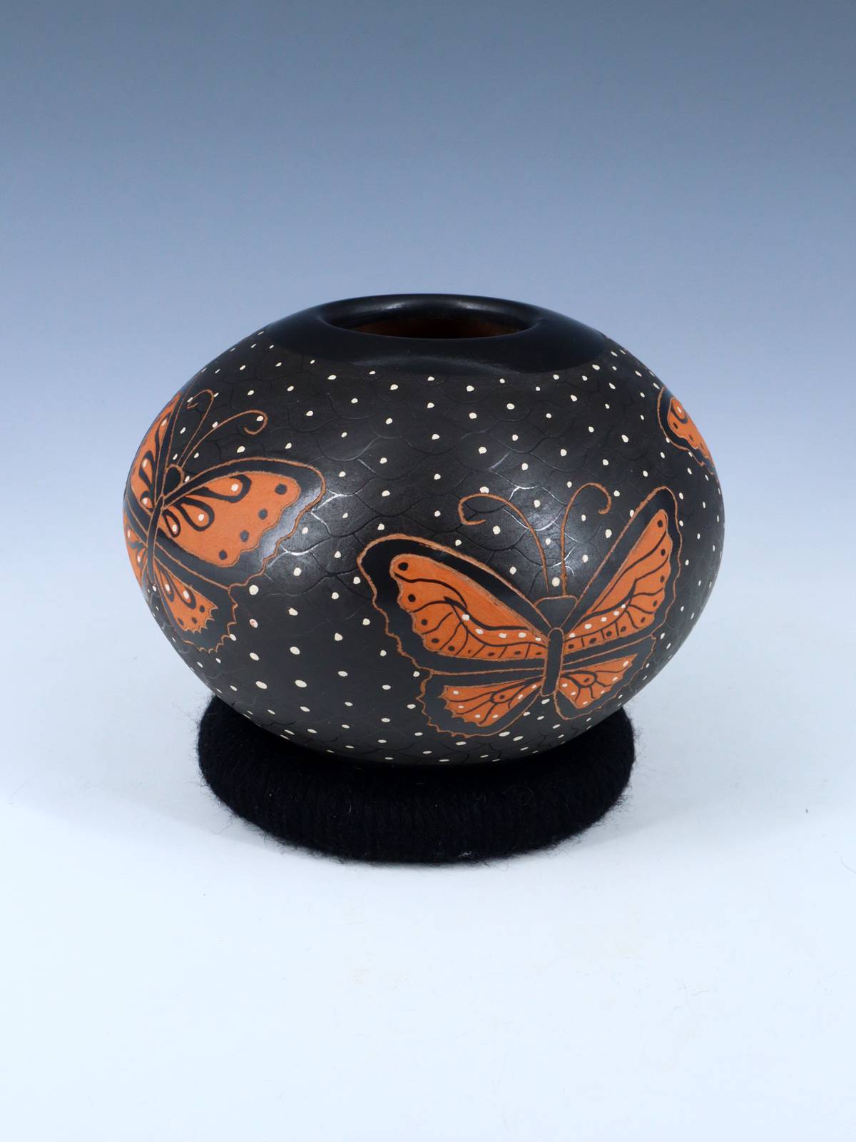 Mata Ortiz Painted and Etched Butterfly Pottery Seed Pot