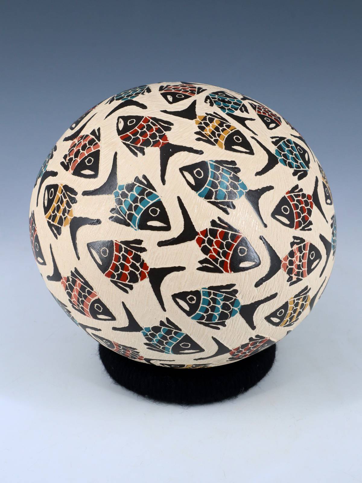 Mata Ortiz Hand Coiled Etched Fish Pottery Seed Pot