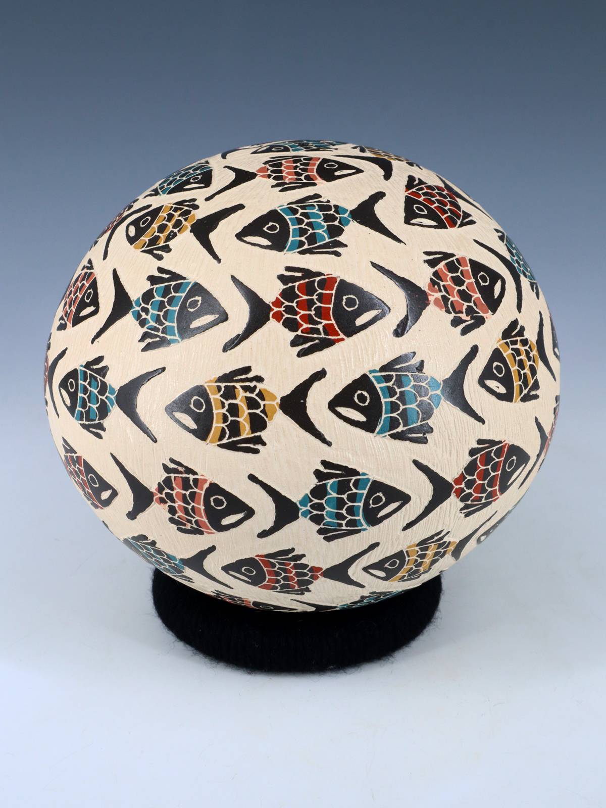 Mata Ortiz Hand Coiled Etched Fish Pottery Seed Pot