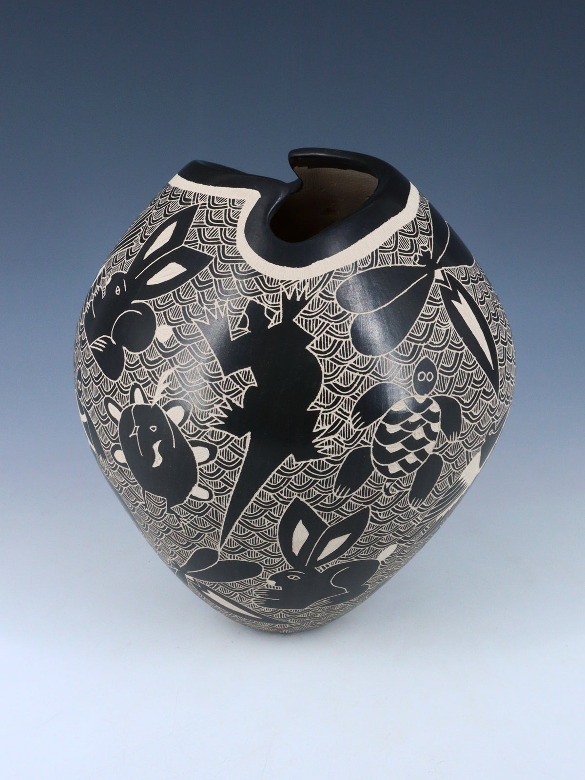 Hand Coiled Mata Ortiz Black Pottery Wildlife Vase