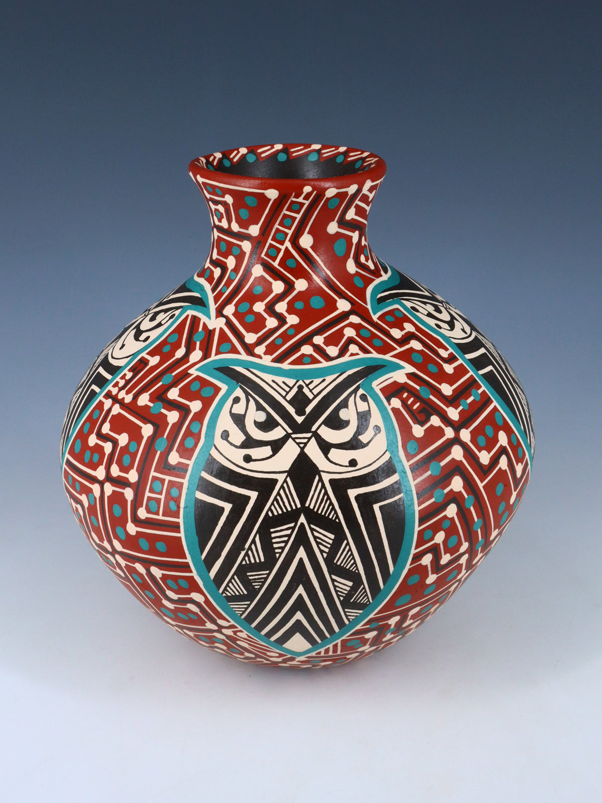 Mata Ortiz Hand Coiled and Painted Owl Pottery Vase