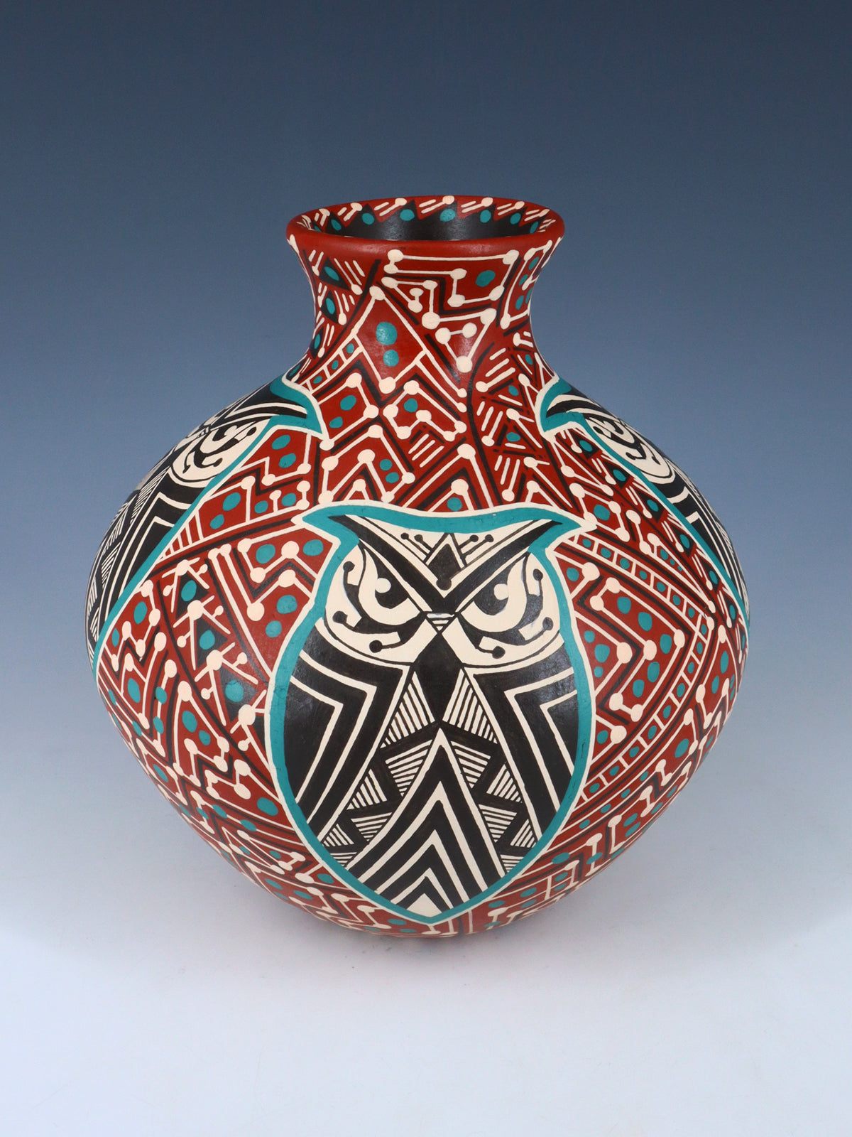 Mata Ortiz Hand Coiled and Painted Owl Pottery Vase