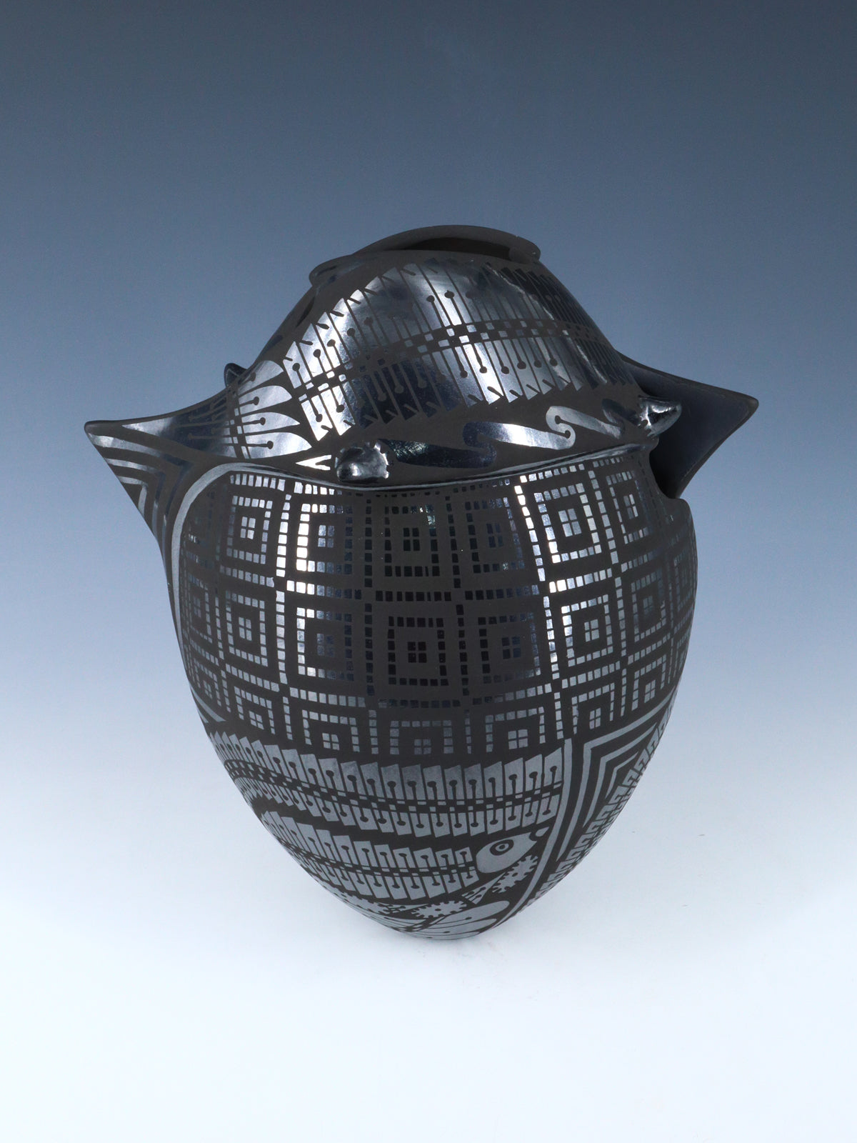 Mata Ortiz Hand Coiled Black Pottery Vase