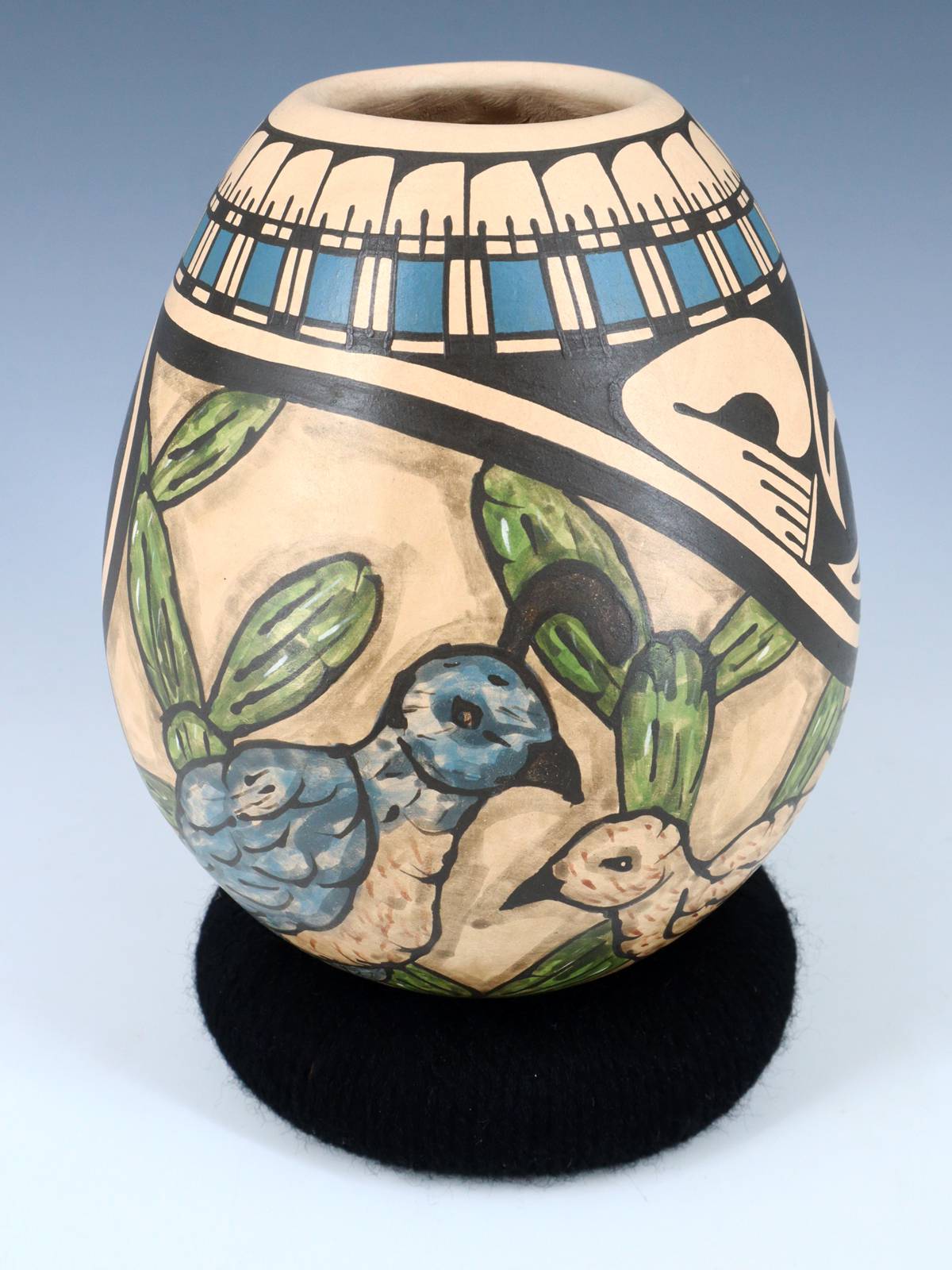 Mata Ortiz Hand Coiled Painted Quail Pottery Vase