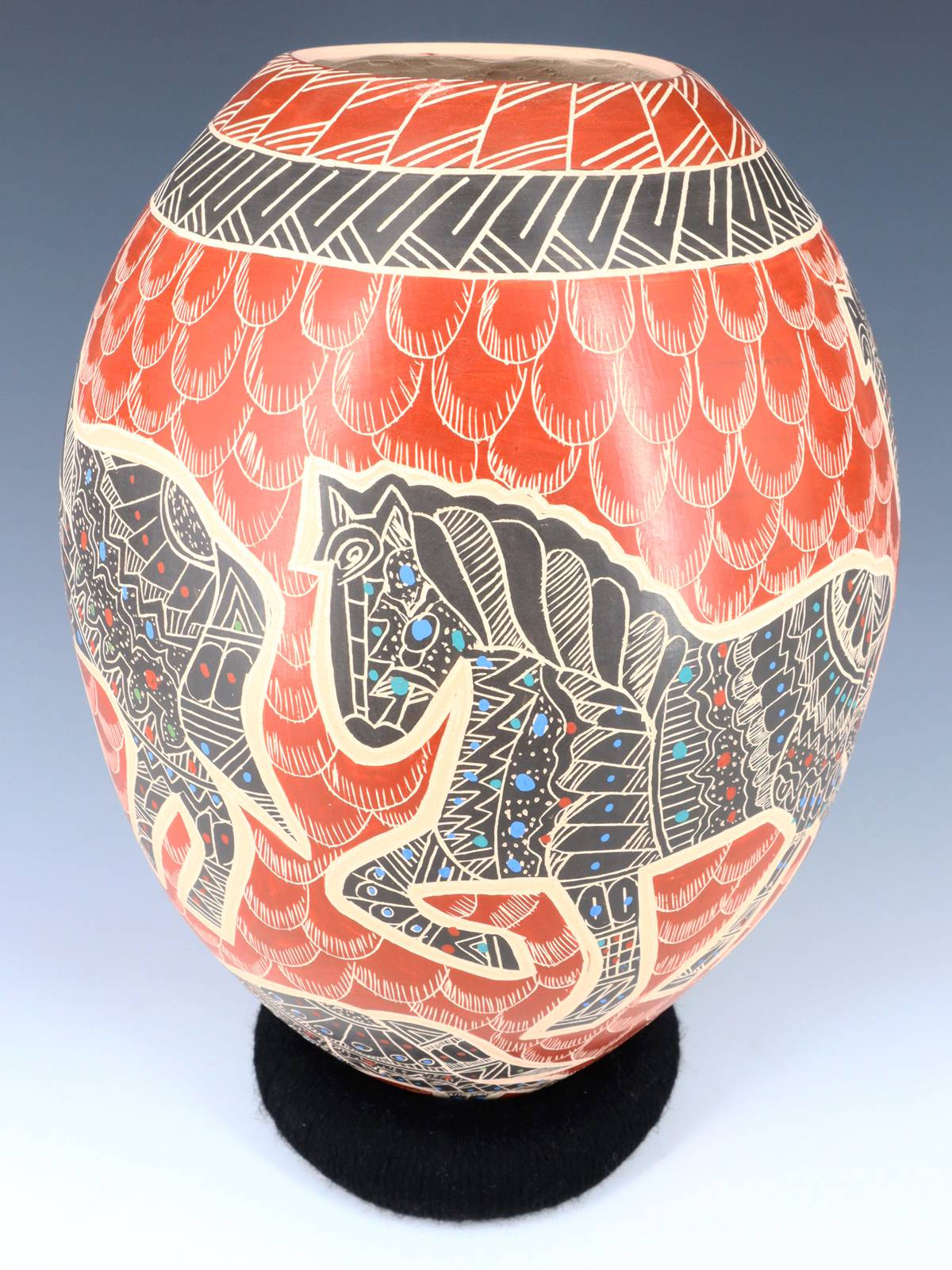 Mata Ortiz Hand Coiled Etched Horse Pottery