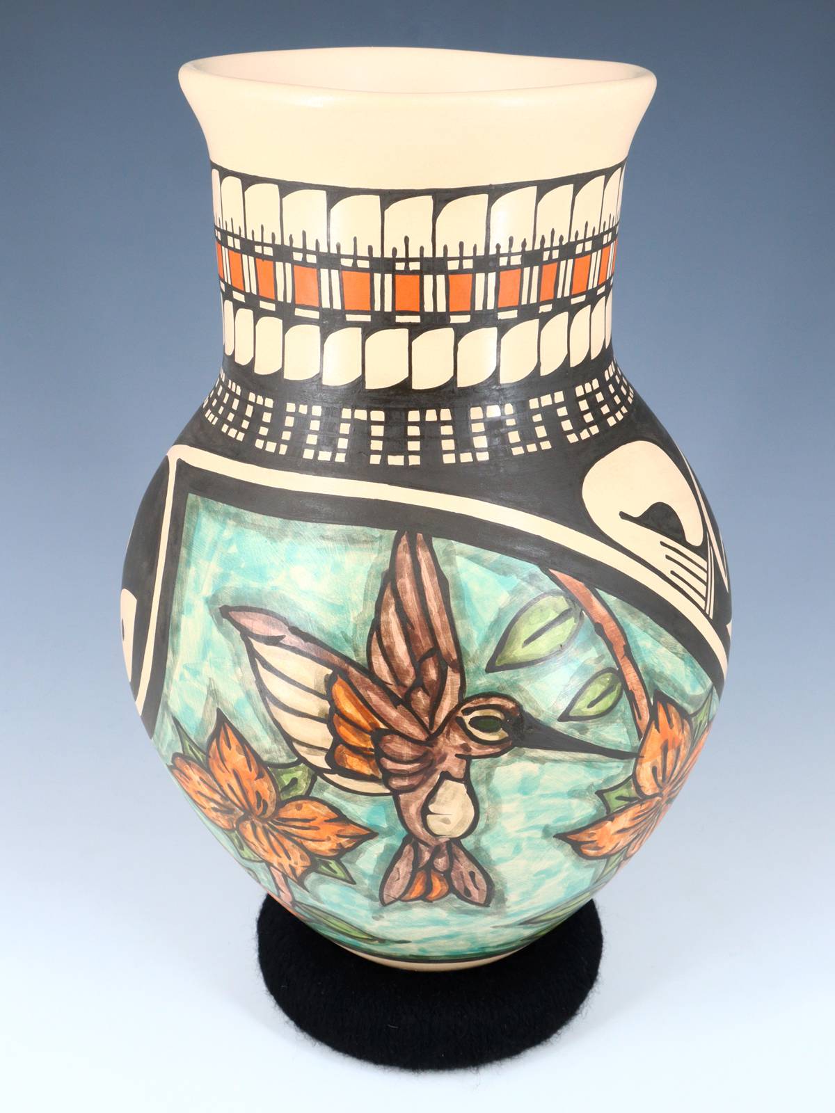 Mata Ortiz Hand Coiled Painted Hummingbird Pottery Vase