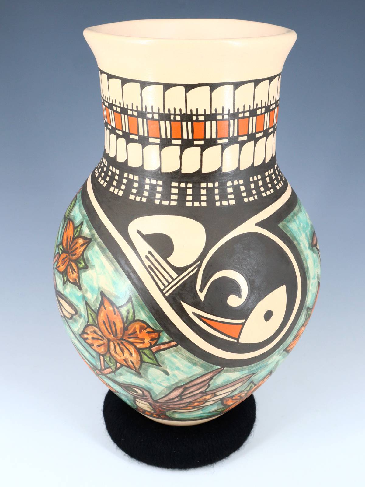 Mata Ortiz Hand Coiled Painted Hummingbird Pottery Vase