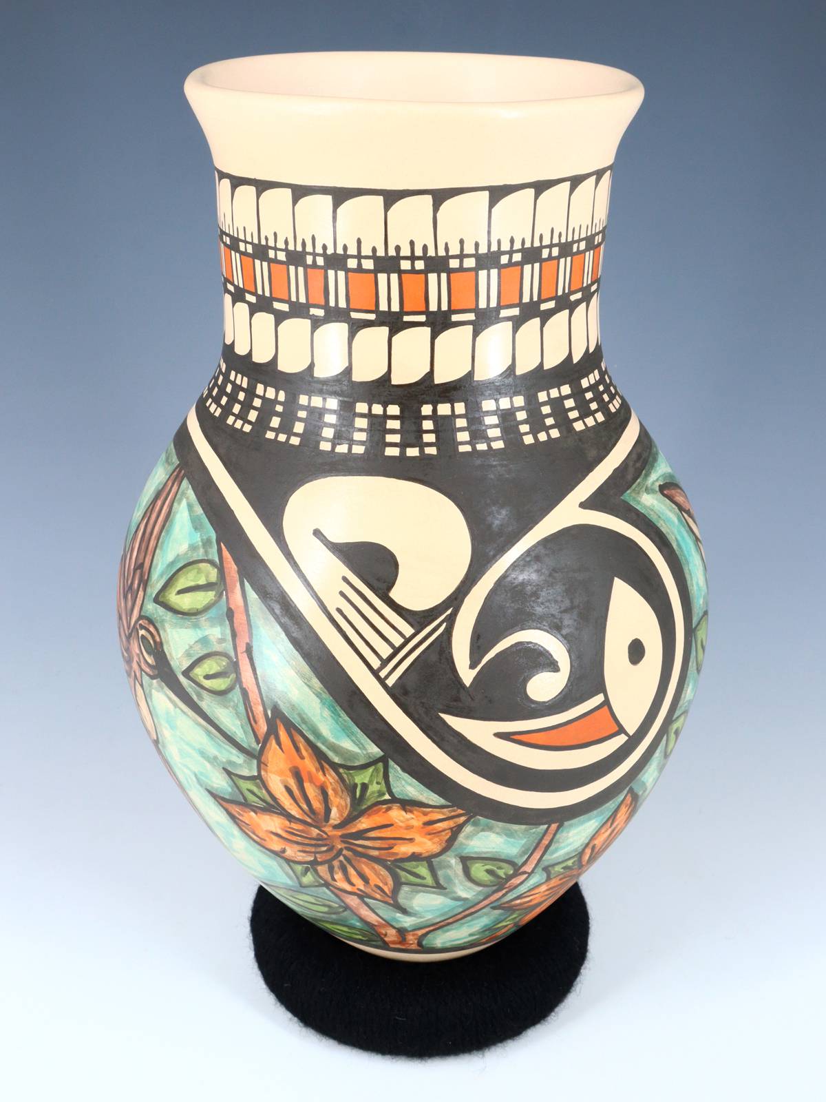 Mata Ortiz Hand Coiled Painted Hummingbird Pottery Vase