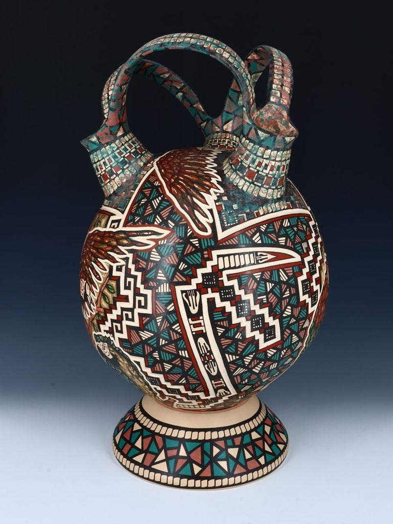 Large Mata Ortiz Hand Coiled Parrot Triple Wedding Vase - PuebloDirect.com