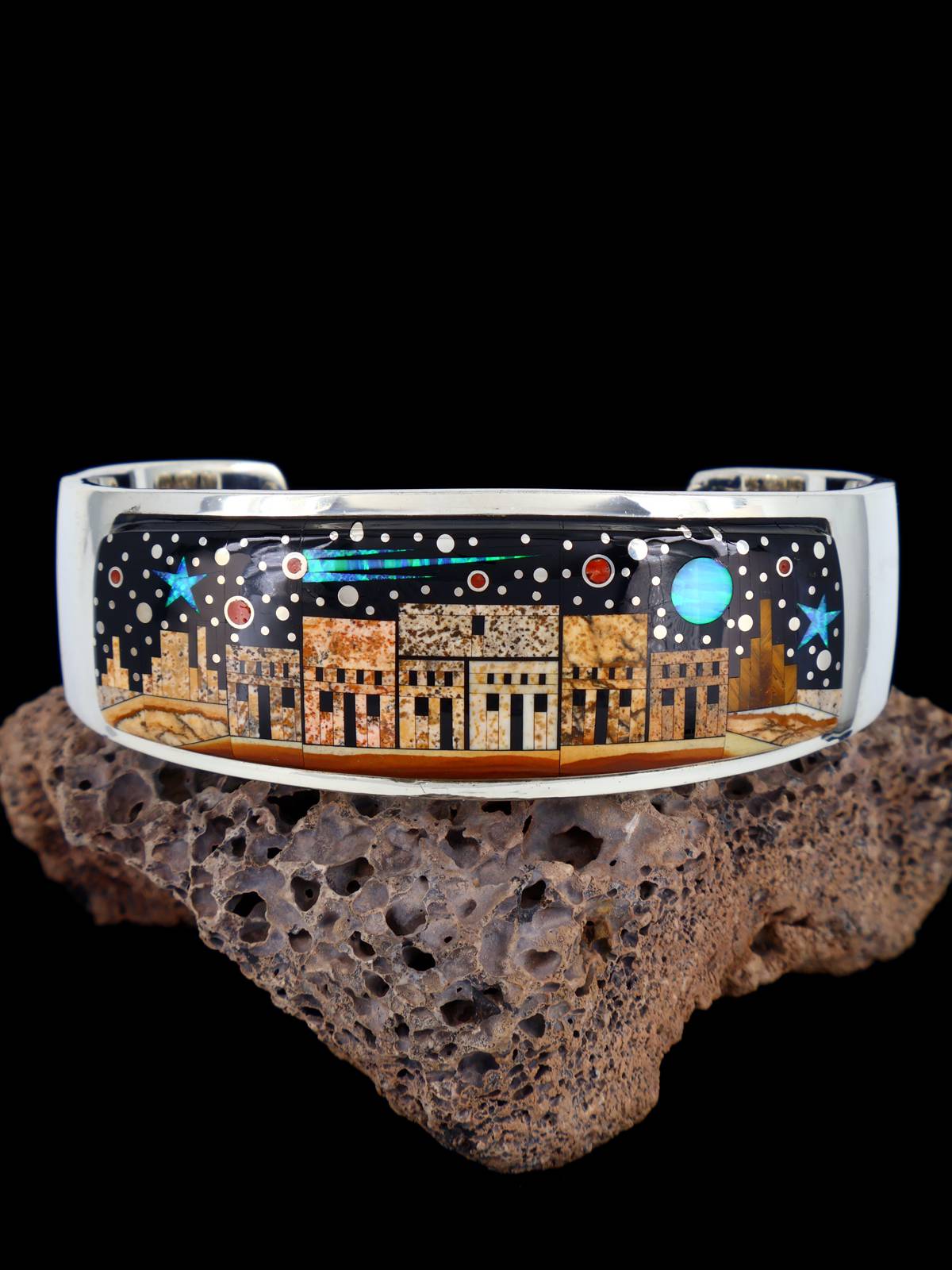 Navajo Sterling Silver Night Sky Pueblo Scene Inlay Cuff Bracelet - PuebloDirect.com