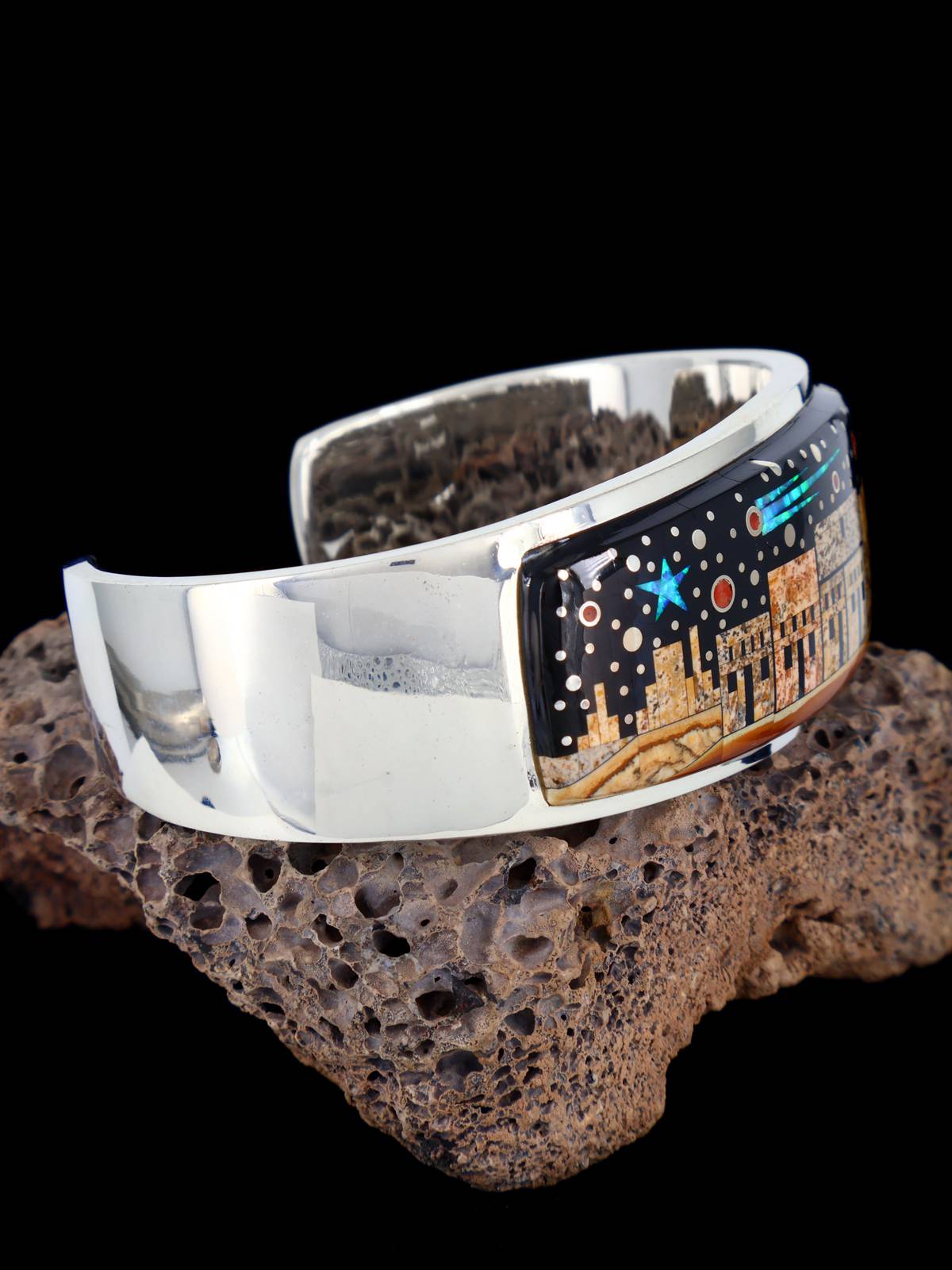Navajo Sterling Silver Night Sky Pueblo Scene Inlay Cuff Bracelet - PuebloDirect.com